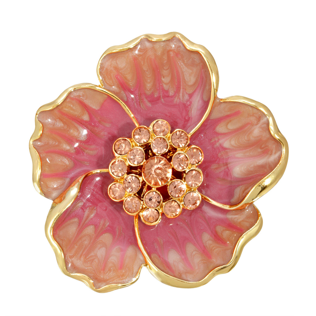  Gold Tone Coral Enamel & Glass Stone Flower Pin