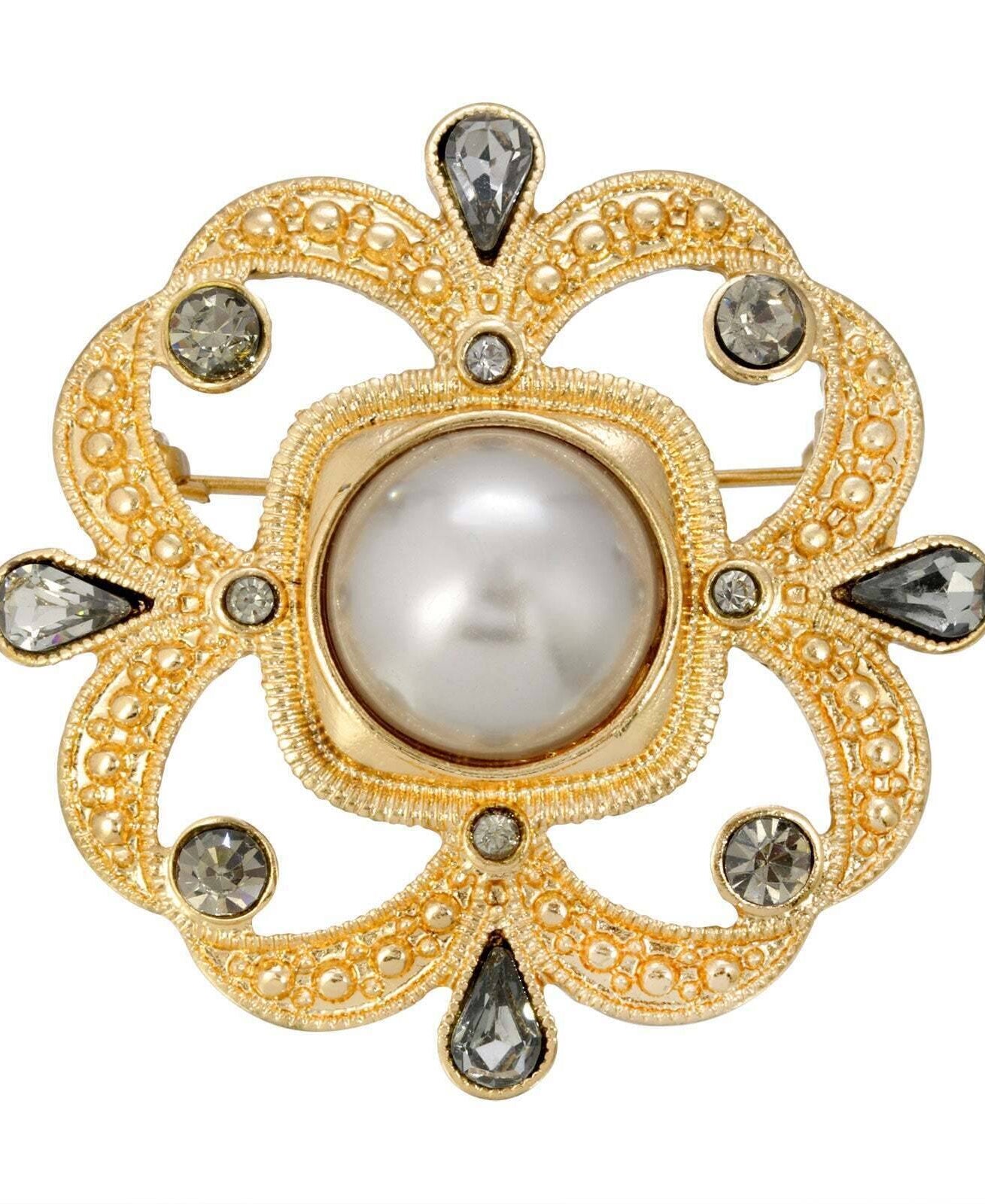 1928 Jewelry Grey Faux Pearl With Black Diamond Accent Pin