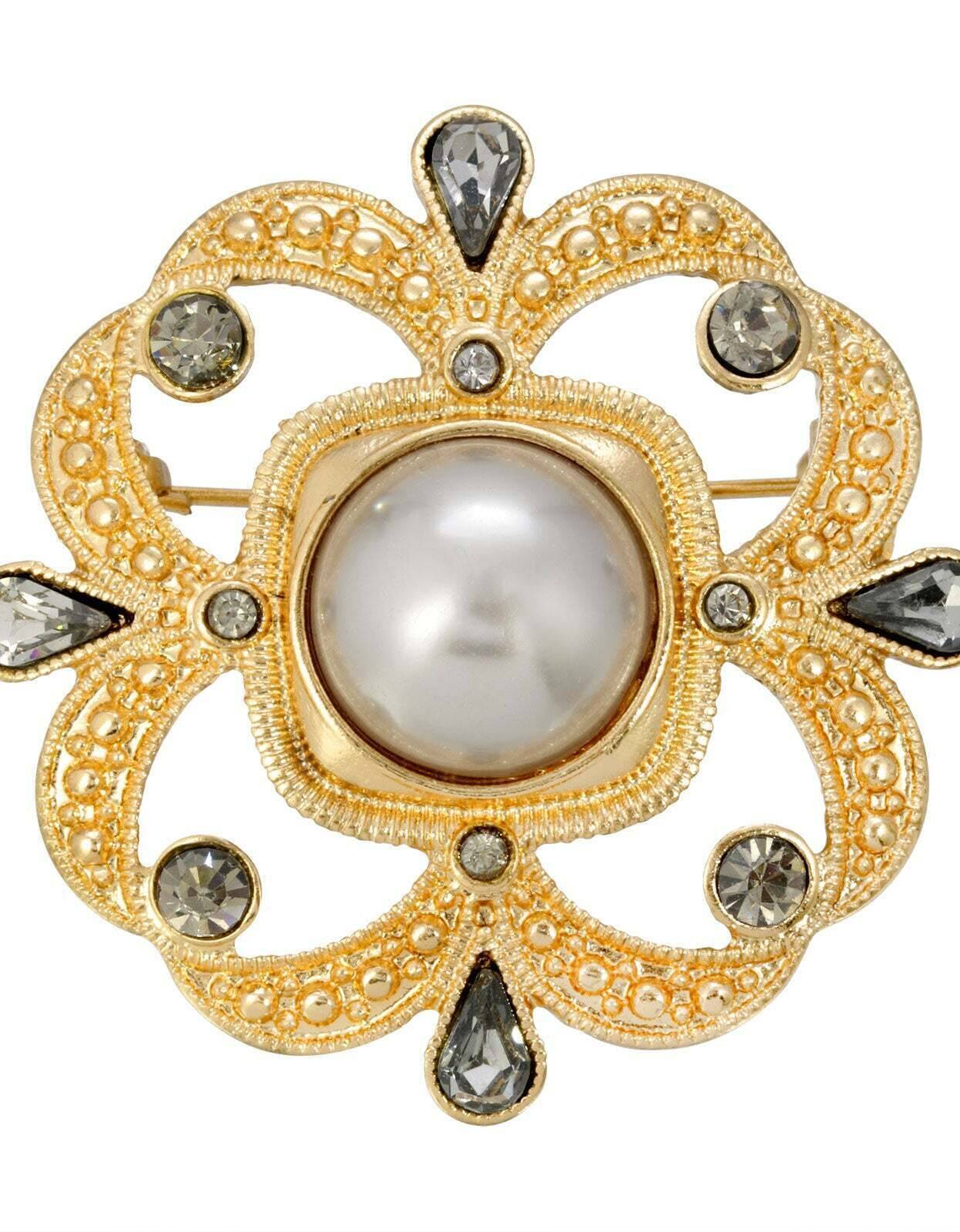1928 Jewelry Grey Faux Pearl With Black Diamond Accent Pin