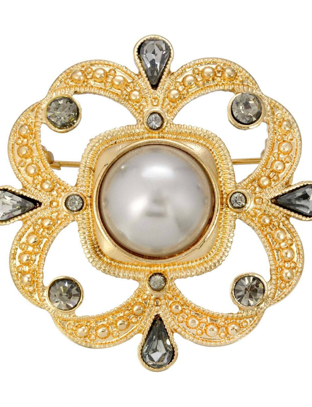 1928 Jewelry Grey Faux Pearl With Black Diamond Accent Pin
