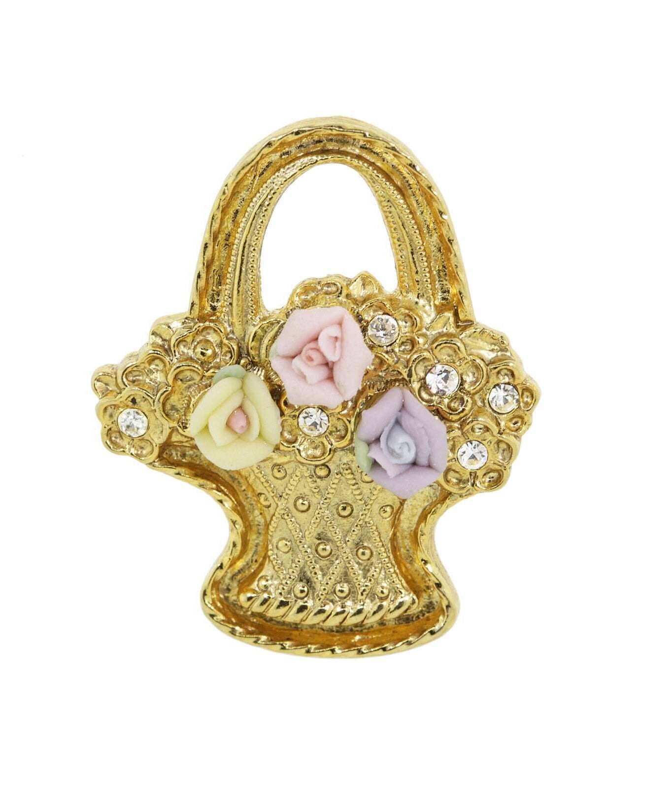 1928 Jewelry Pink, Purple, And Ivory Genuine Porcelain Rose Flower Basket Pin