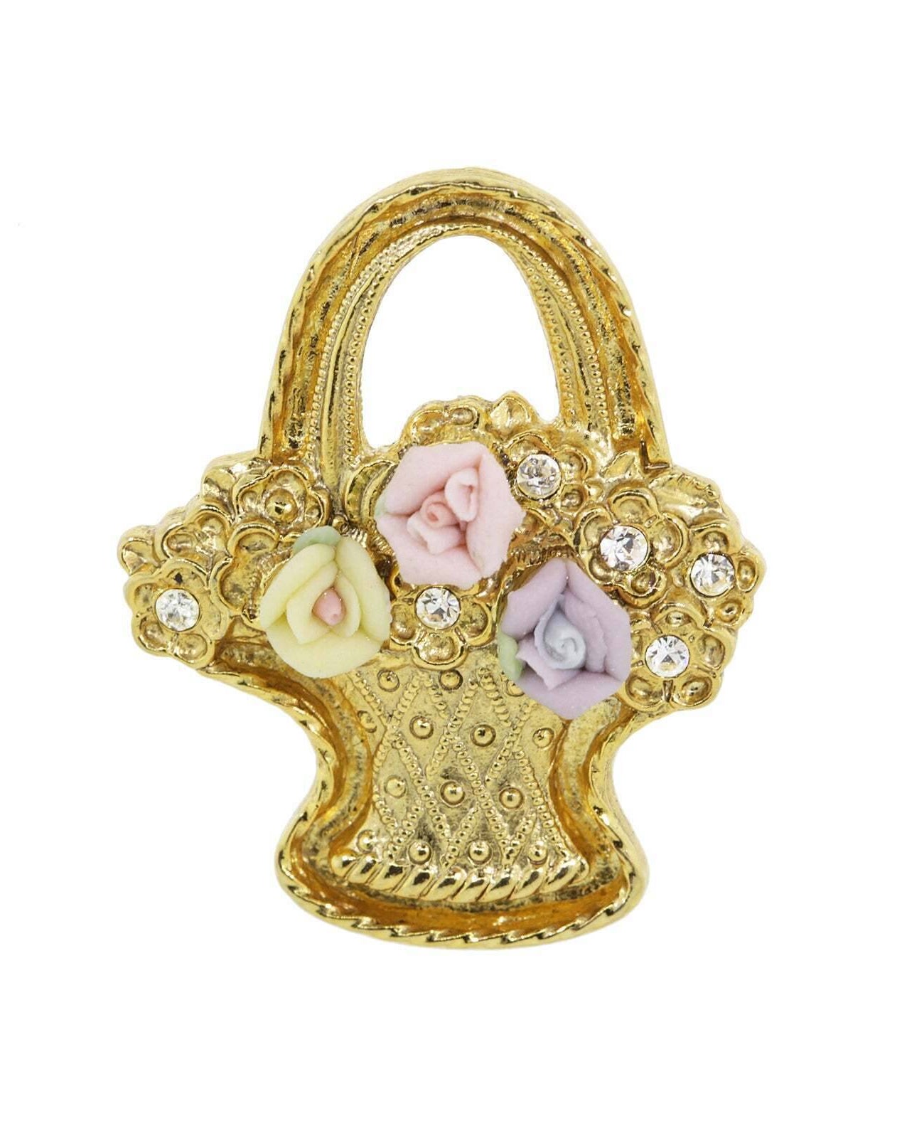 1928 Jewelry Pink, Purple, And Ivory Genuine Porcelain Rose Flower Basket Pin