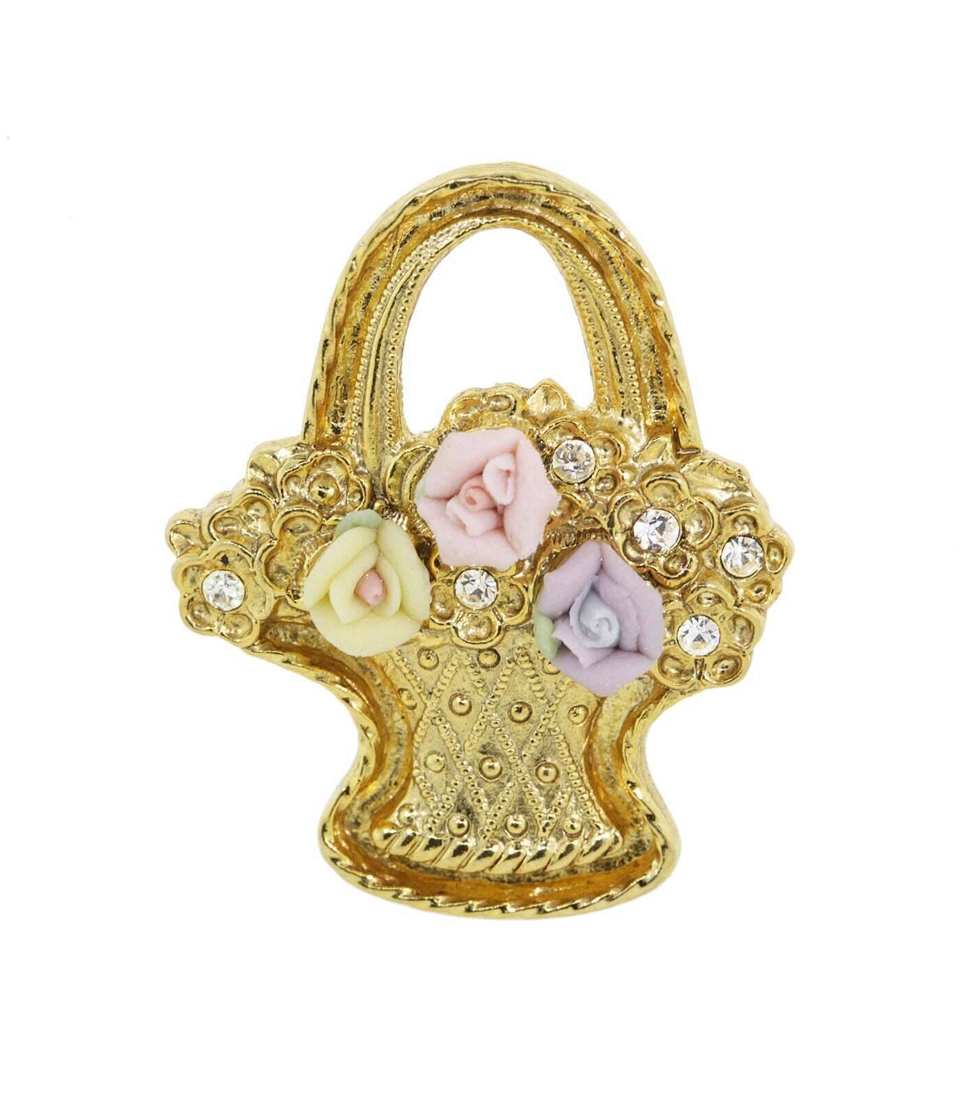1928 Jewelry Pink, Purple, And Ivory Genuine Porcelain Rose Flower Basket Pin