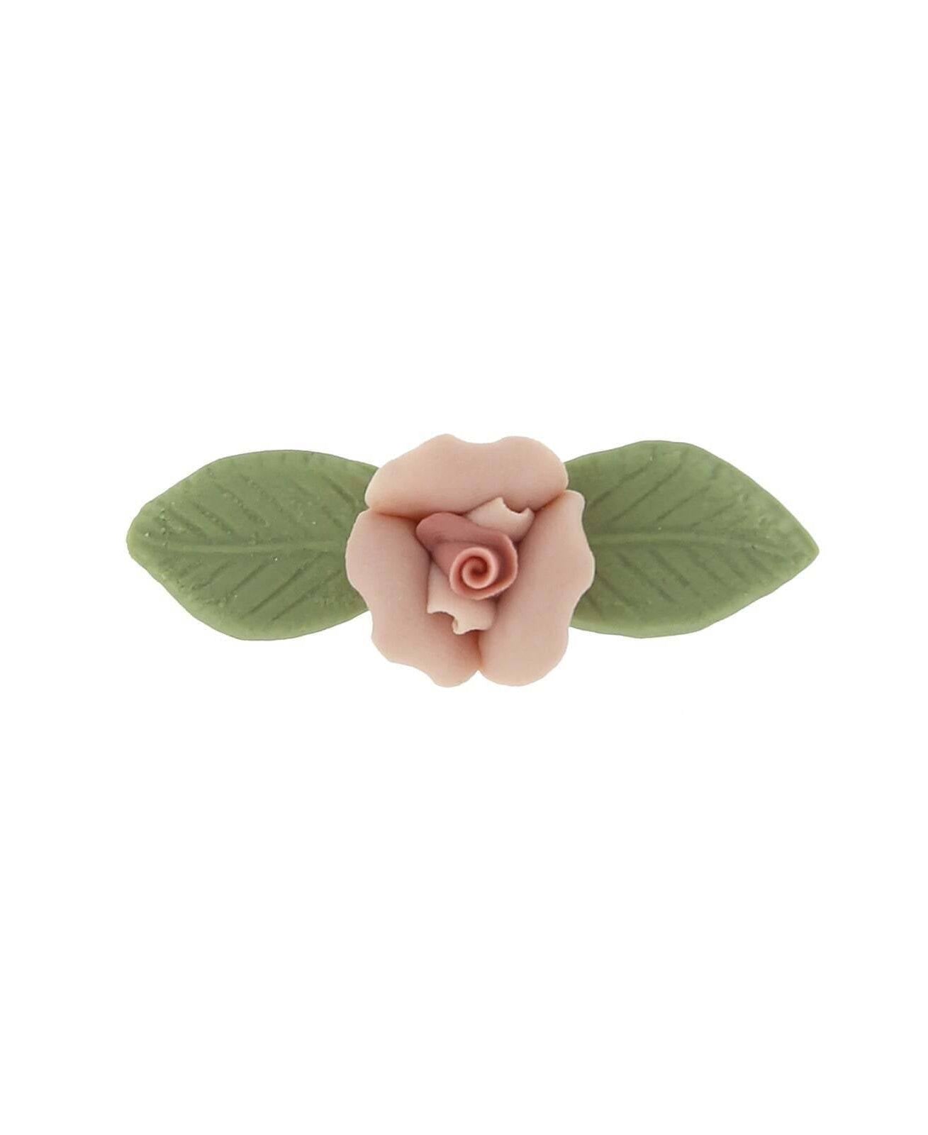 1928 Jewelry Genuine Pink Porcelain Rose & Green Leaf Bar Pin