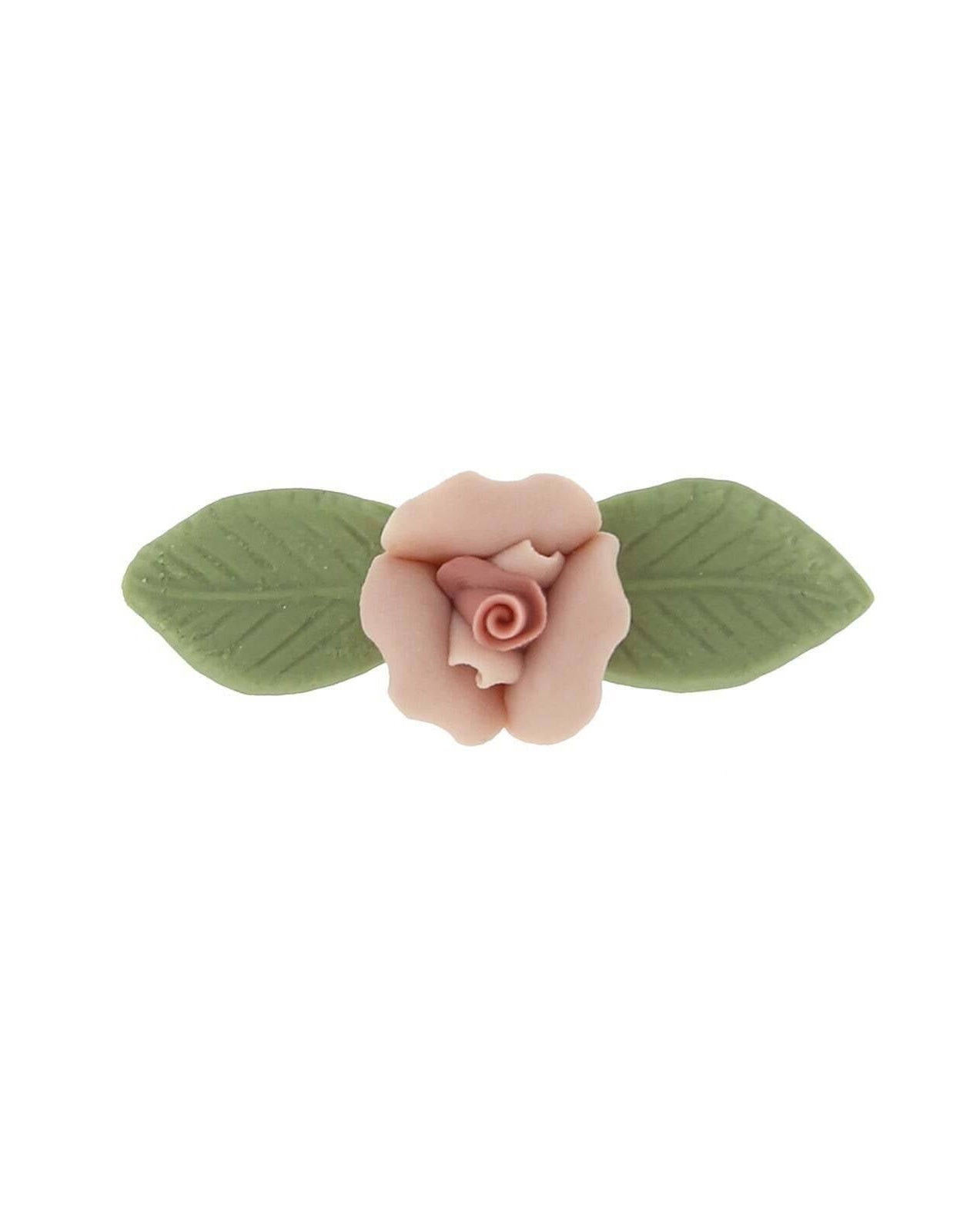 1928 Jewelry Genuine Pink Porcelain Rose & Green Leaf Bar Pin