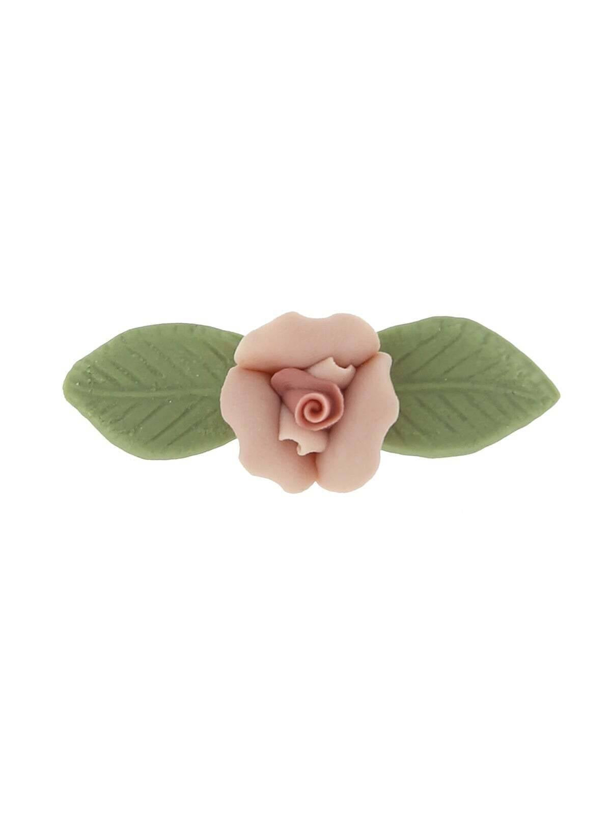 1928 Jewelry Genuine Pink Porcelain Rose & Green Leaf Bar Pin