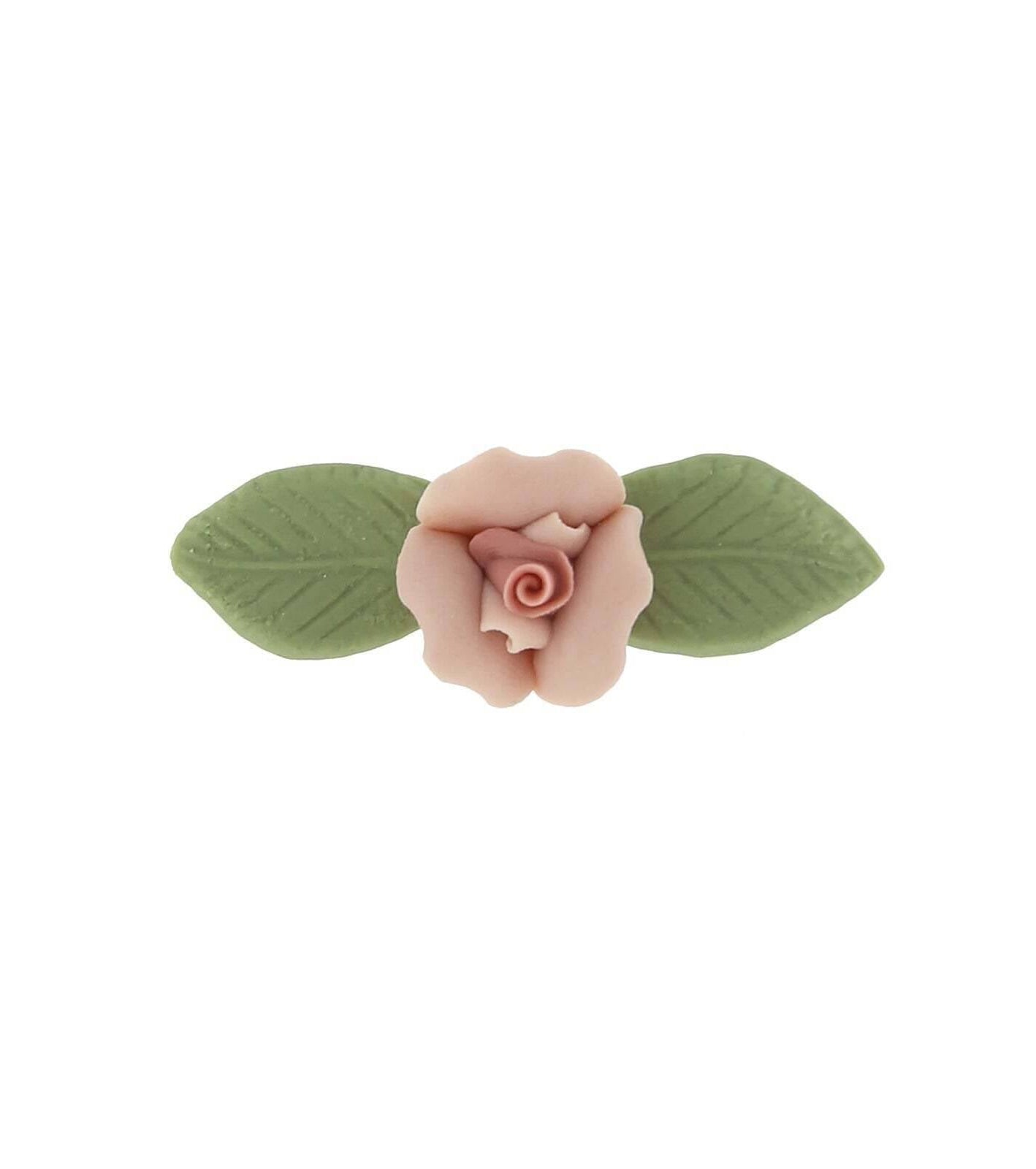 1928 Jewelry Genuine Pink Porcelain Rose & Green Leaf Bar Pin