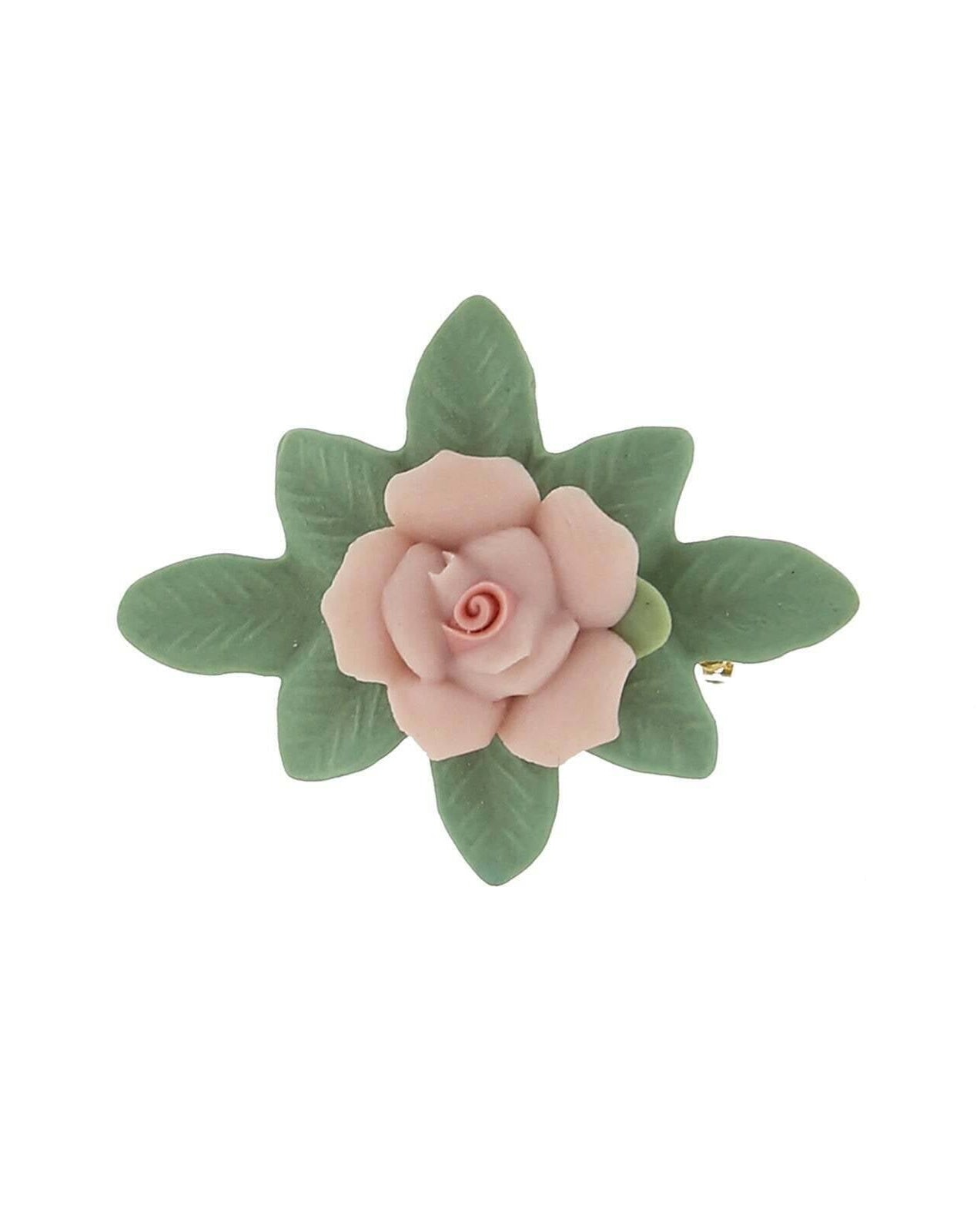 1928 Jewelry Pink Porcelain Rose And Green Leaf Bar Pin