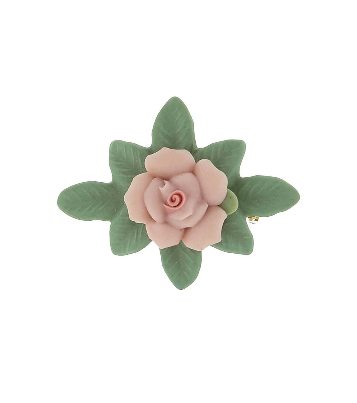 1928 Jewelry Pink Porcelain Rose And Green Leaf Bar Pin