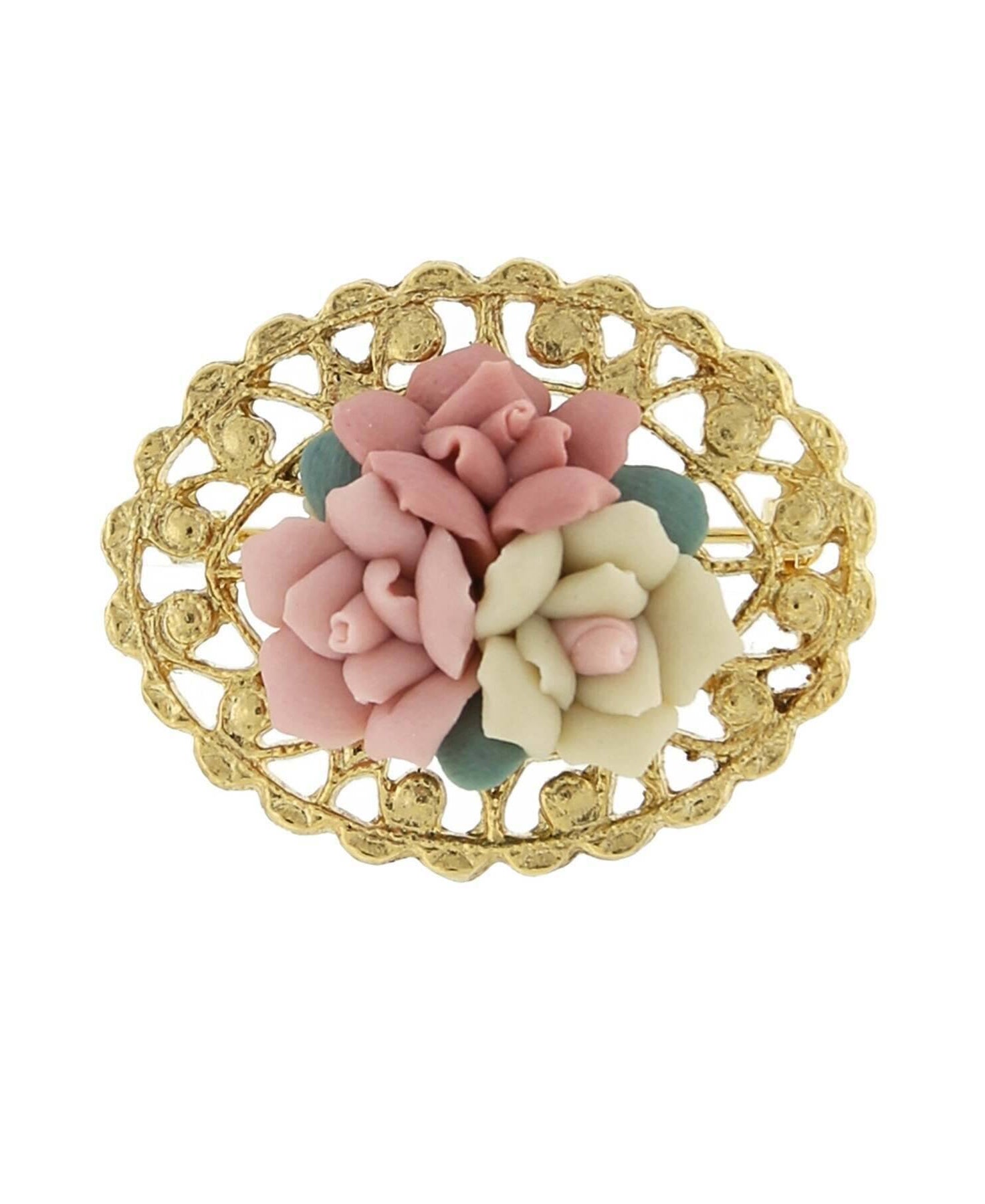 1928 Jewelry Pink And Ivory Genuine Porcelain Rose Cluster Filigree Pin