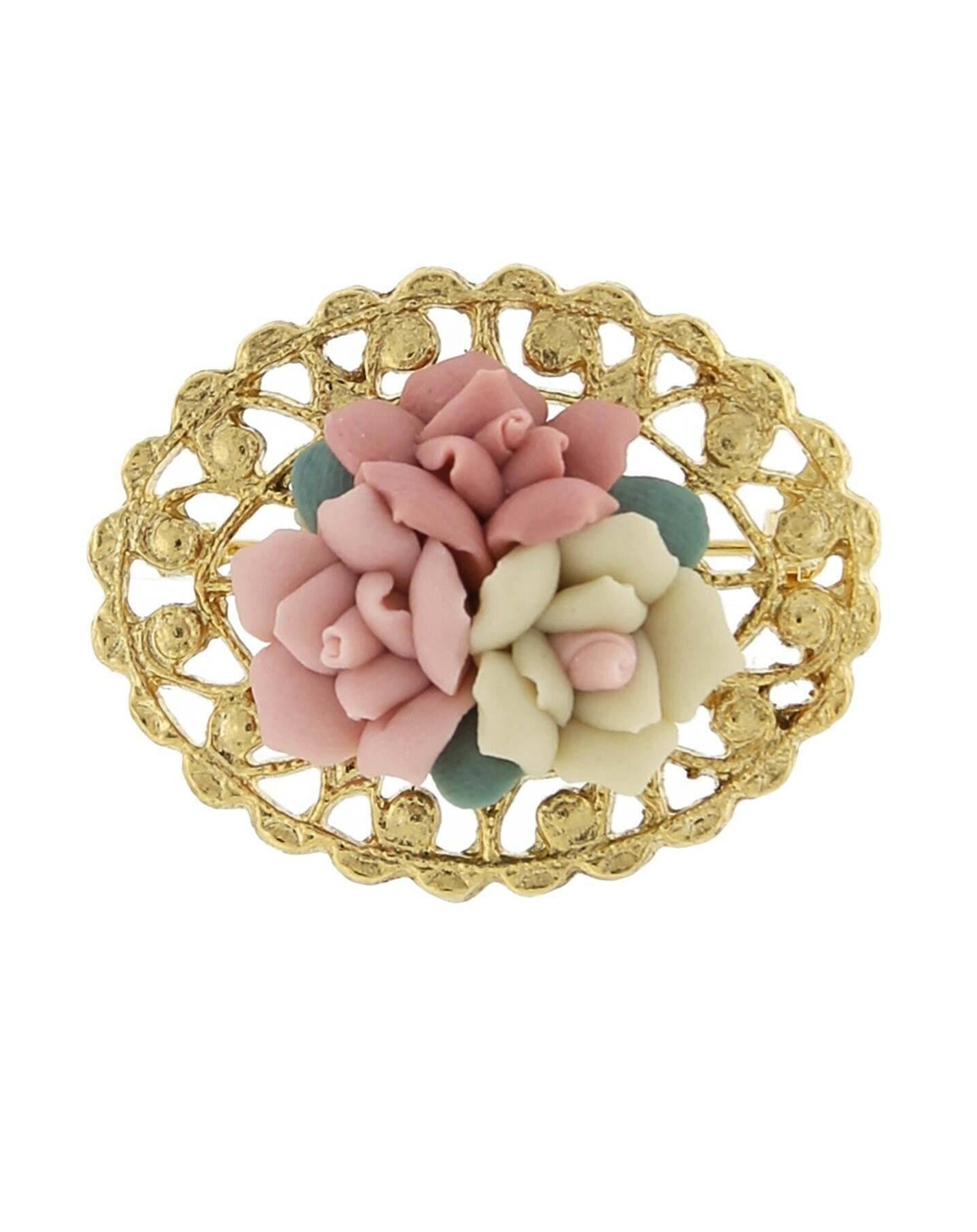 1928 Jewelry Pink And Ivory Genuine Porcelain Rose Cluster Filigree Pin
