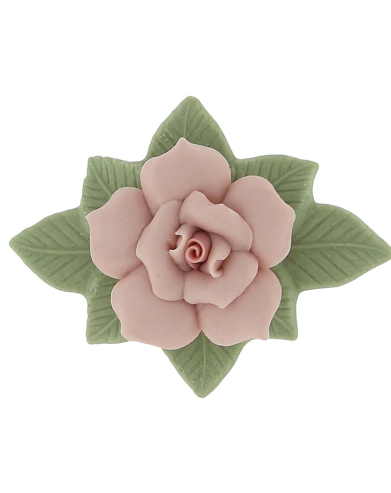 1928 Jewelry Large Pink Genuine Porcelain Rose And Green Leaf Bar Pin