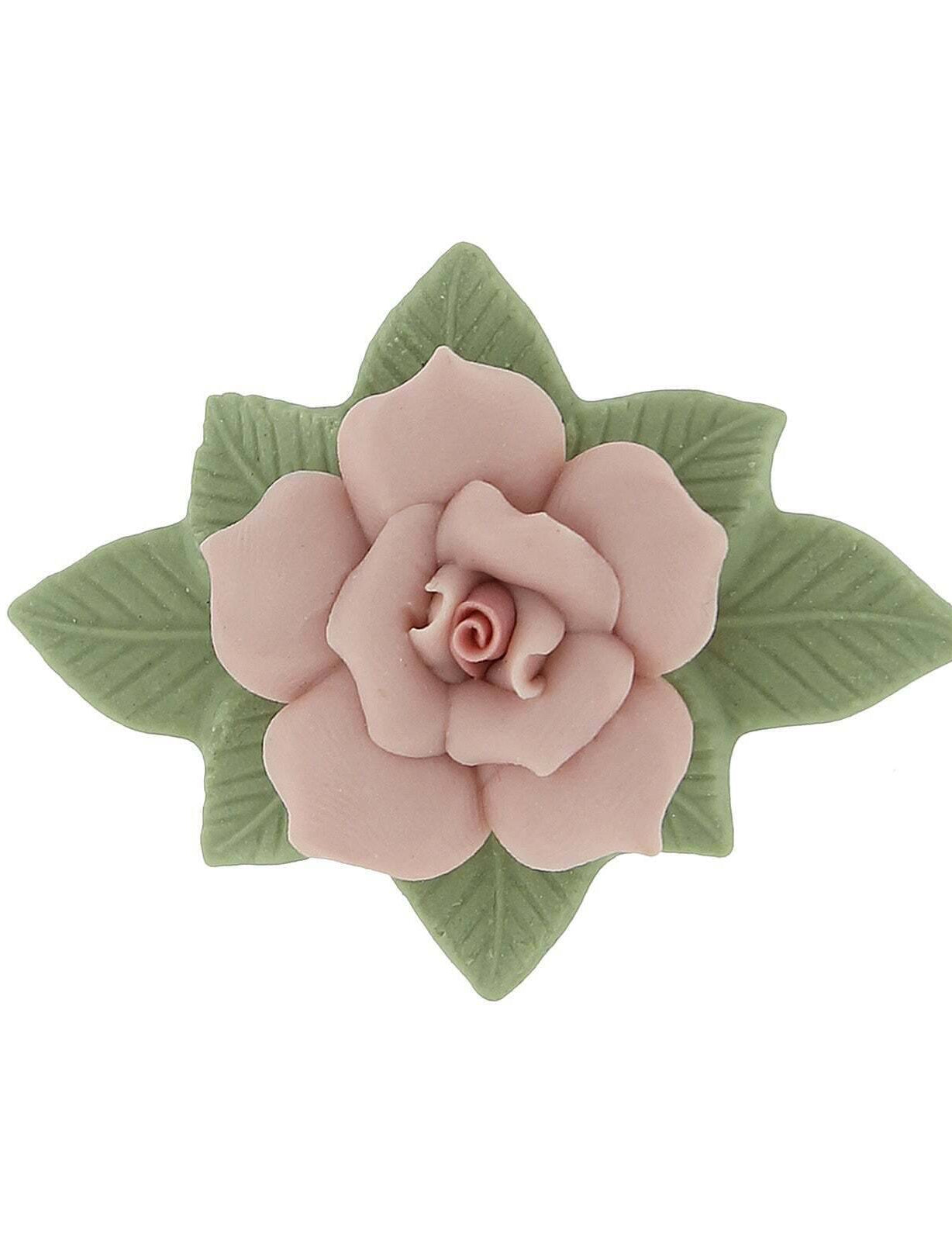1928 Jewelry Large Pink Genuine Porcelain Rose And Green Leaf Bar Pin