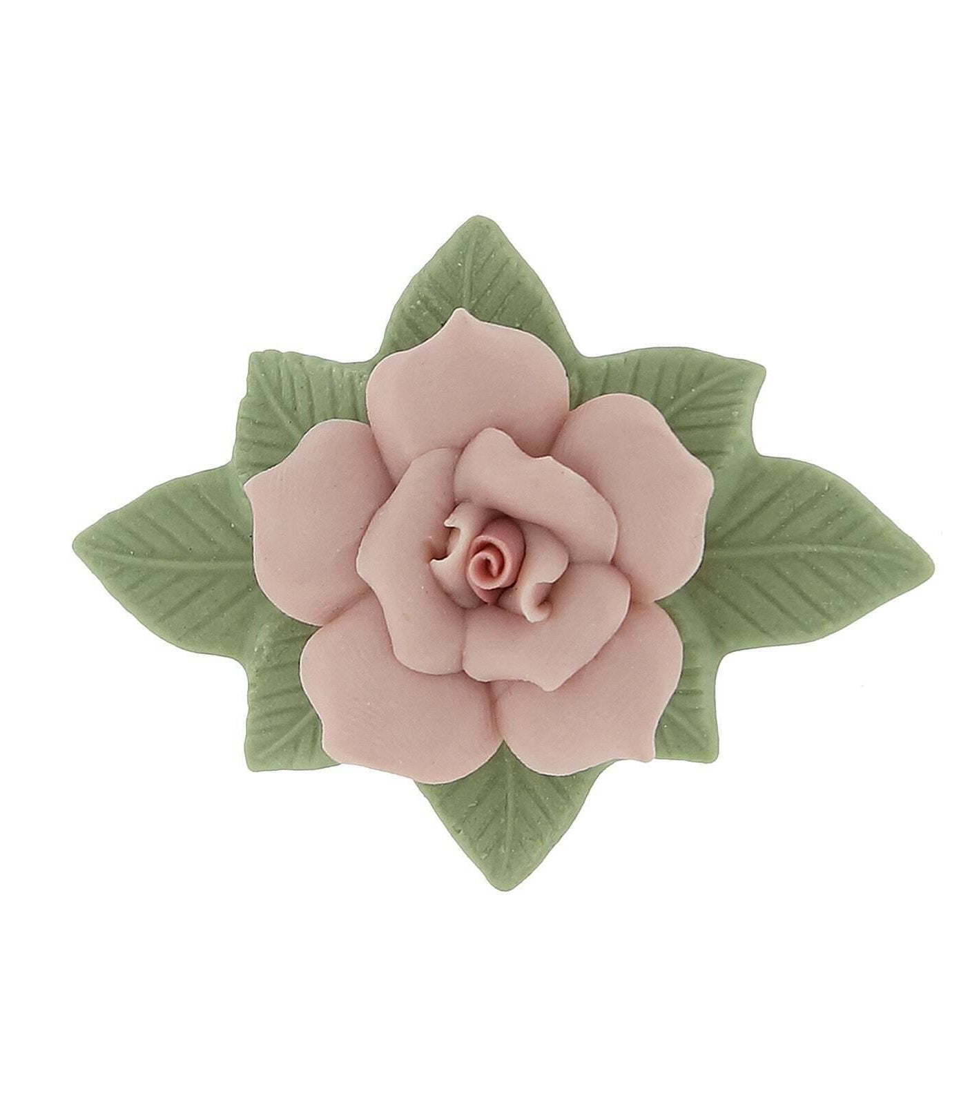 1928 Jewelry Large Pink Genuine Porcelain Rose And Green Leaf Bar Pin