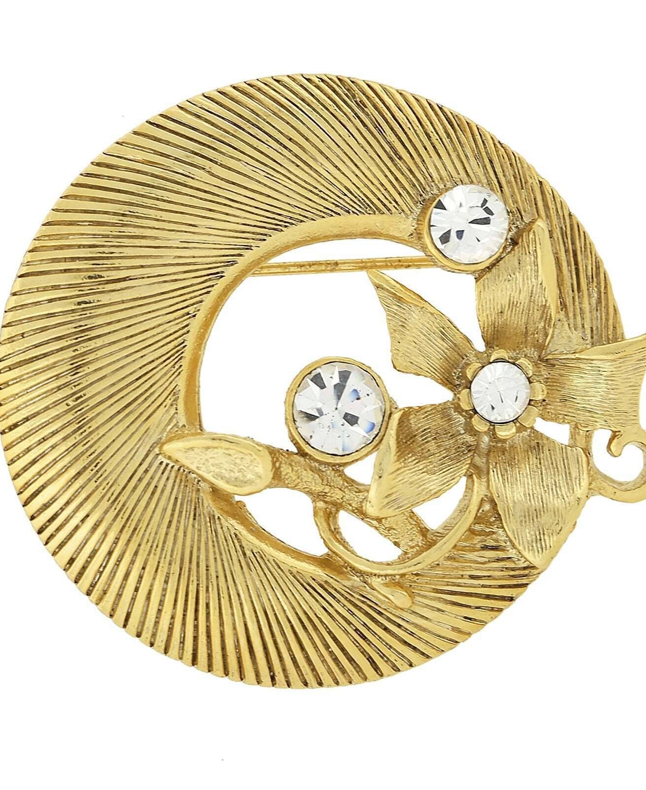1928 Jewelry Gold Round Flower & Crystal Wreath Pin