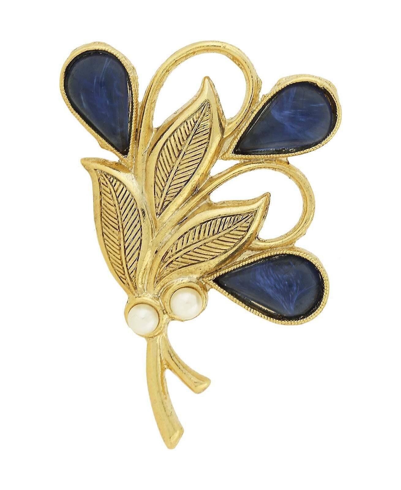1928 Jewelry Montana Blue Glass Stone & Faux Pearl Gold Bouquet Pin