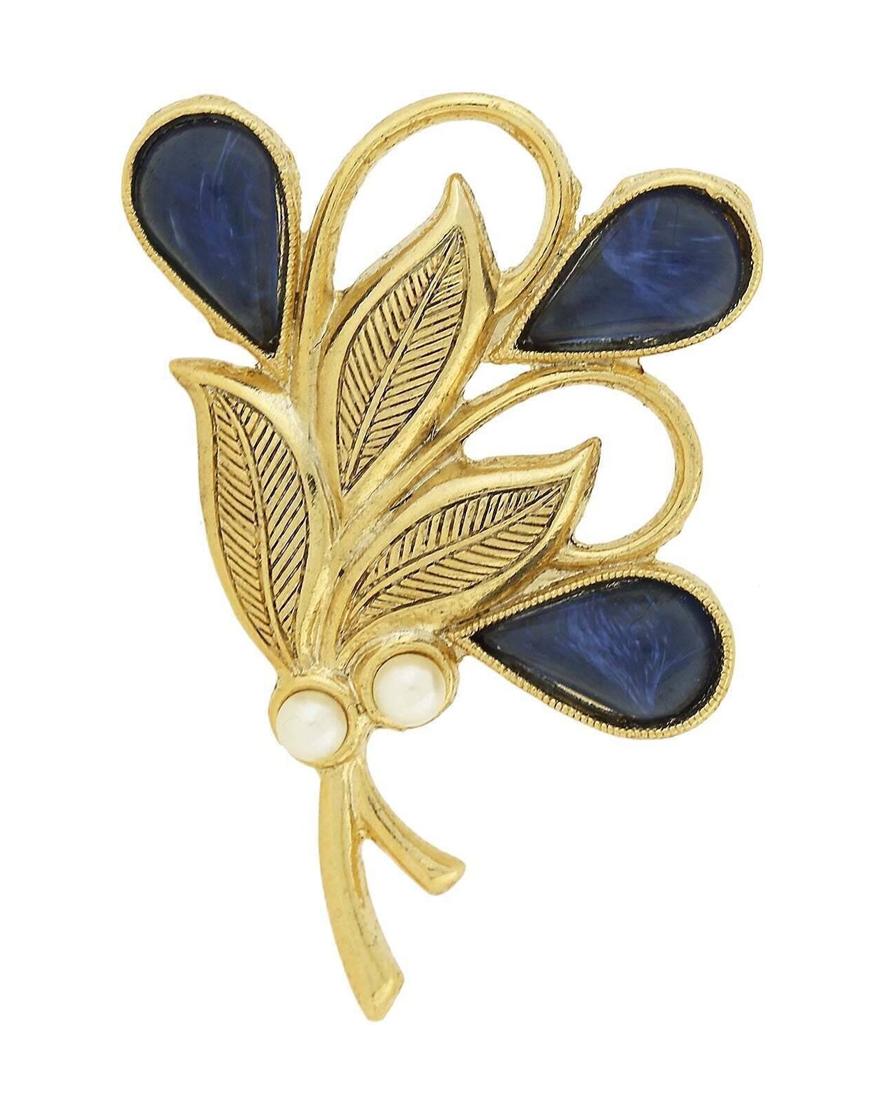 1928 Jewelry Montana Blue Glass Stone & Faux Pearl Gold Bouquet Pin