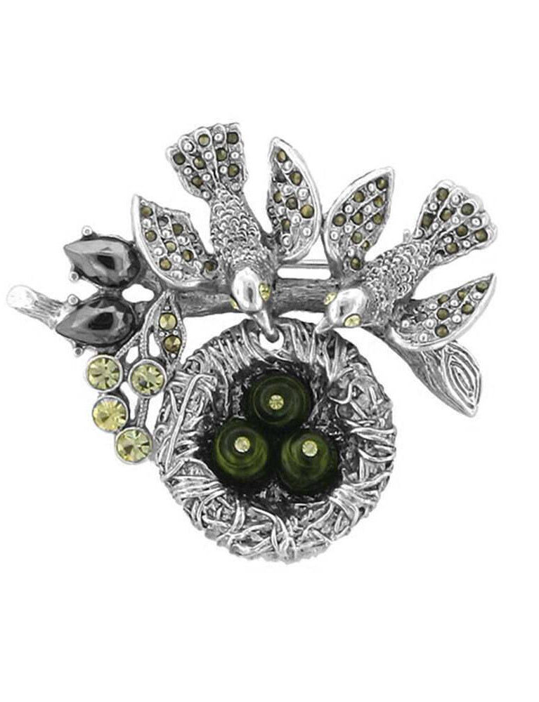 Antiquities Couture Genuine Marcasite Faux Pearl Bird Nest Pin