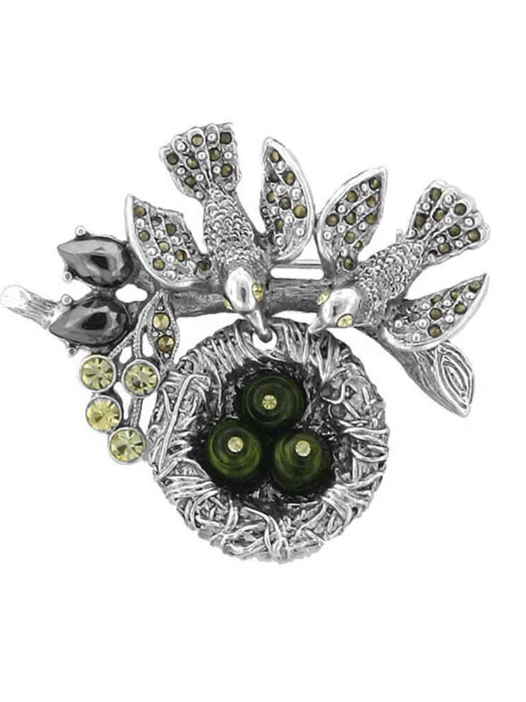 Antiquities Couture Genuine Marcasite Faux Pearl Bird Nest Pin