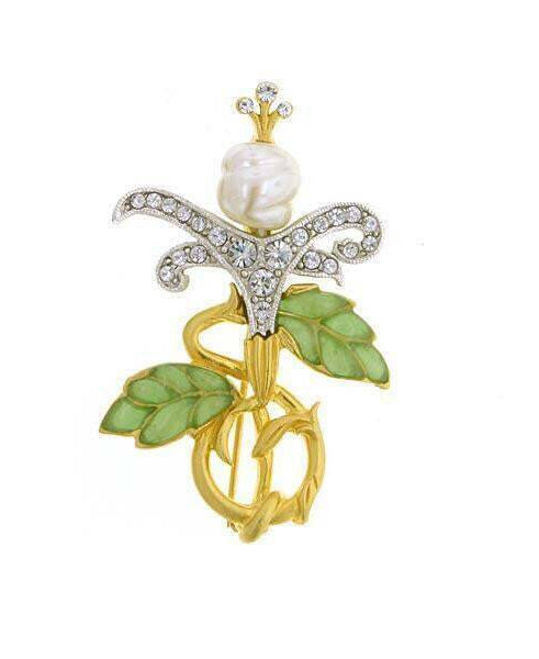 Antiquities Couture Two Tone Crystal Pave With Green Enamel Faux Pearl Pin