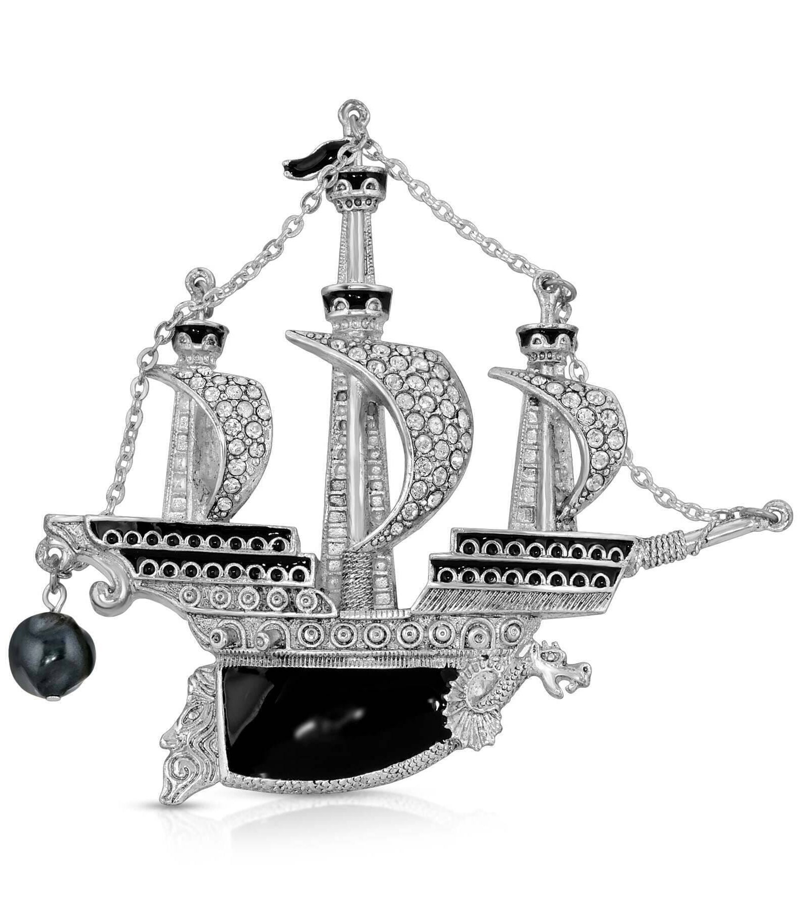 Antiquities Couture Black Enamel Crystal And Black Faux Pearl Galleon Ship Pin