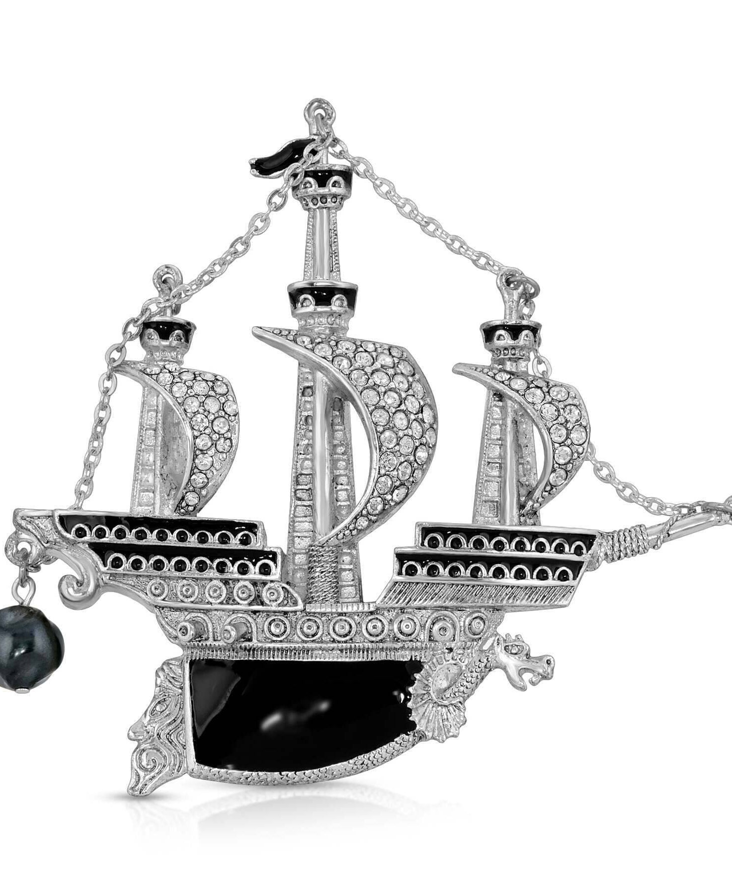 Antiquities Couture Black Enamel Crystal And Black Faux Pearl Galleon Ship Pin