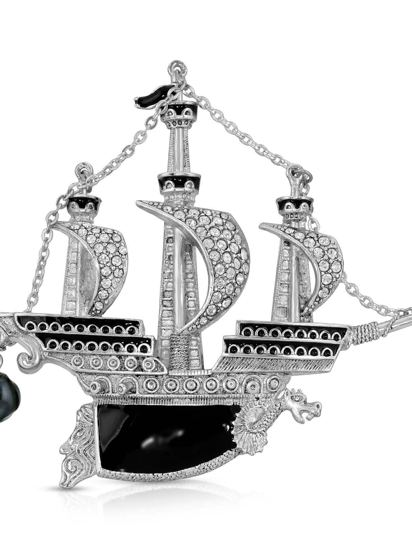 Antiquities Couture Black Enamel Crystal And Black Faux Pearl Galleon Ship Pin