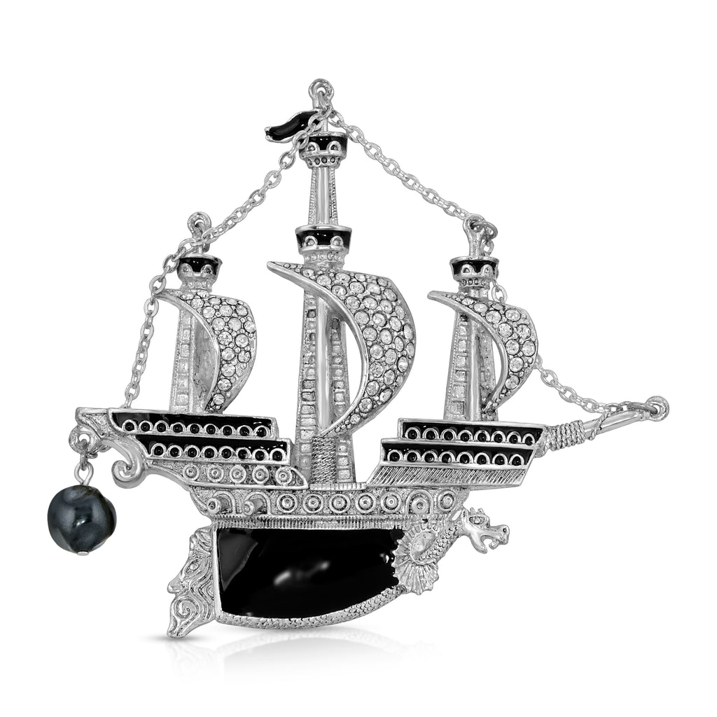 Black Enamel Crystal And Black Faux Pearl Galleon Ship Pin