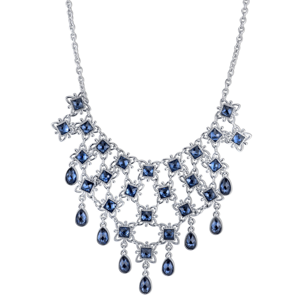 Silver Tone Blue Bib Necklace 15 In Adj
