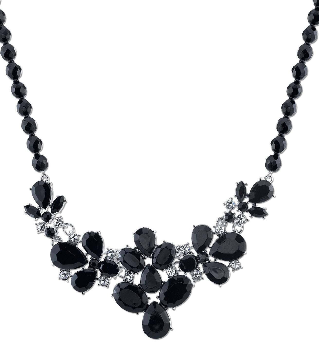 2028 Jewelry Black Faceted Bead & Teardrop Stones With Crystal Accent Bib Necklace 16" + 3" Extender