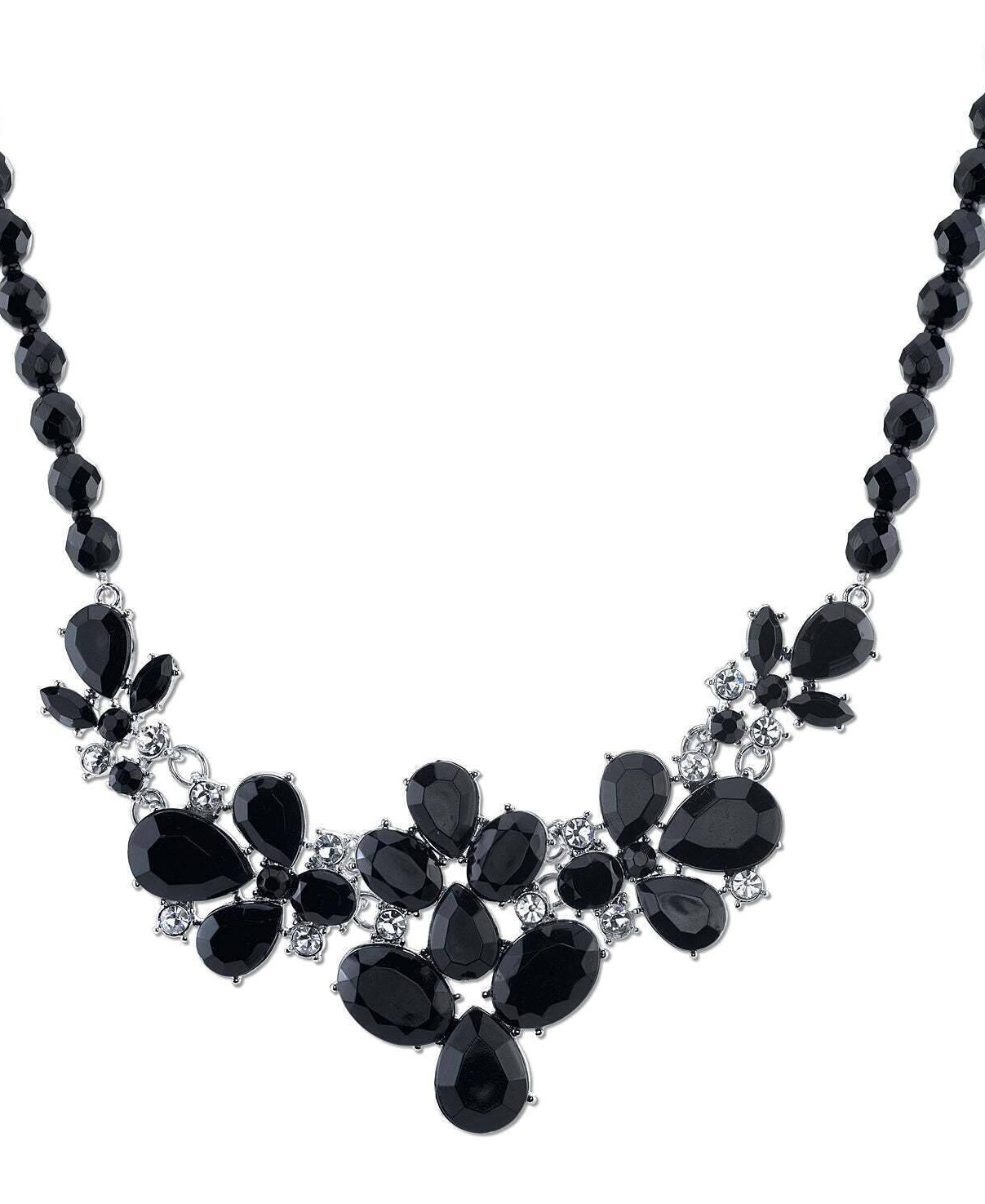 2028 Jewelry Black Faceted Bead & Teardrop Stones With Crystal Accent Bib Necklace 16" + 3" Extender