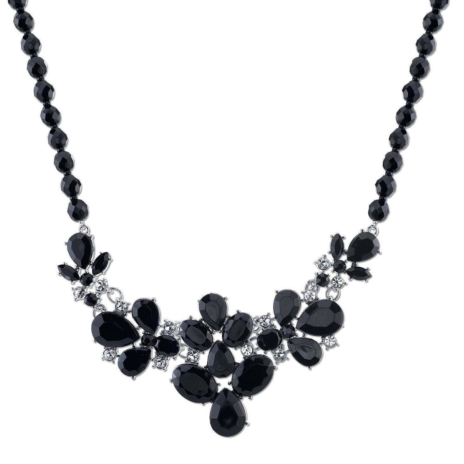 2028 Jewelry Black Faceted Bead & Teardrop Stones With Crystal Accent Bib Necklace 16" + 3" Extender