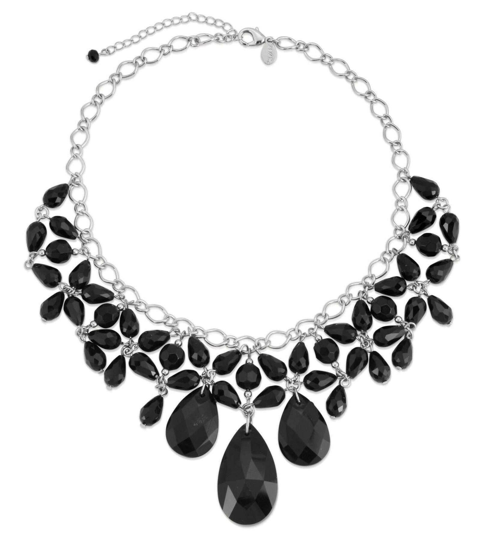 2028 Jewelry Jet Black Briolette Teardrop & Round Beaded Statement Bib Necklace 16" + 3" Extender