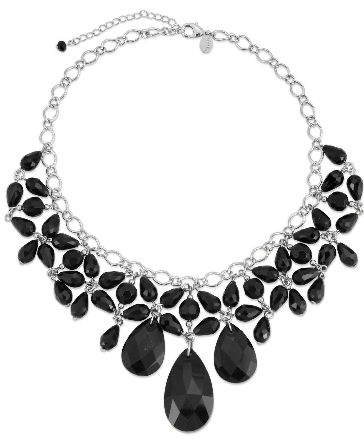 2028 Jewelry Jet Black Briolette Teardrop & Round Beaded Statement Bib Necklace 16" + 3" Extender