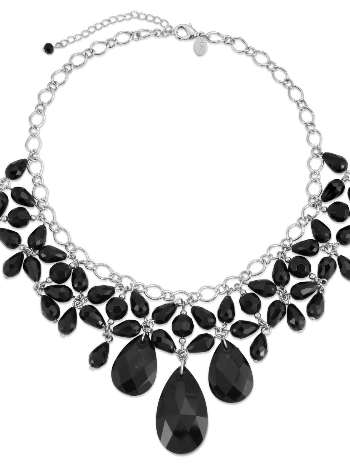 2028 Jewelry Jet Black Briolette Teardrop & Round Beaded Statement Bib Necklace 16" + 3" Extender