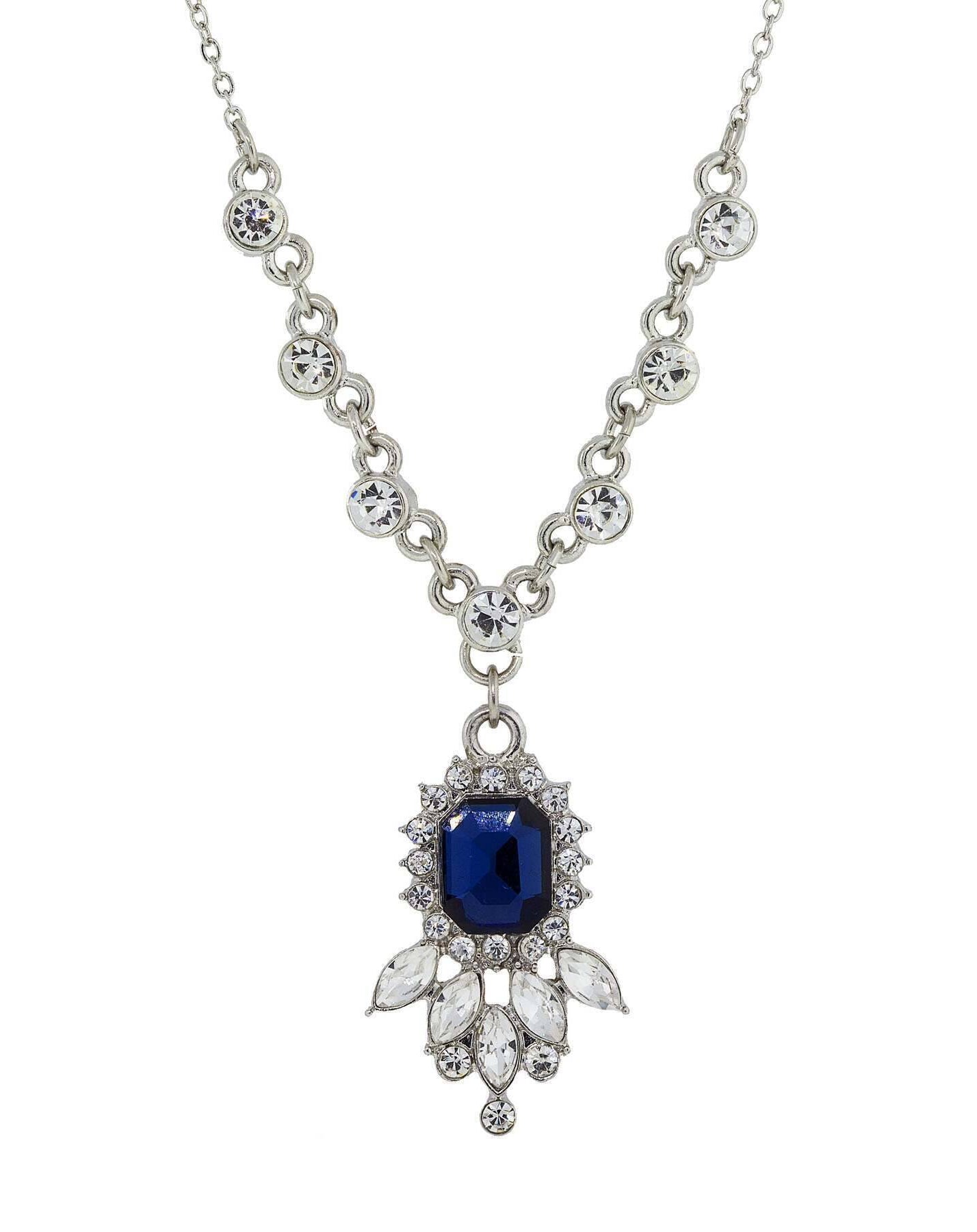 1928 Jewelry Bleu Estate Sapphire Crystal Pendant Necklace 16" + 3" Extender