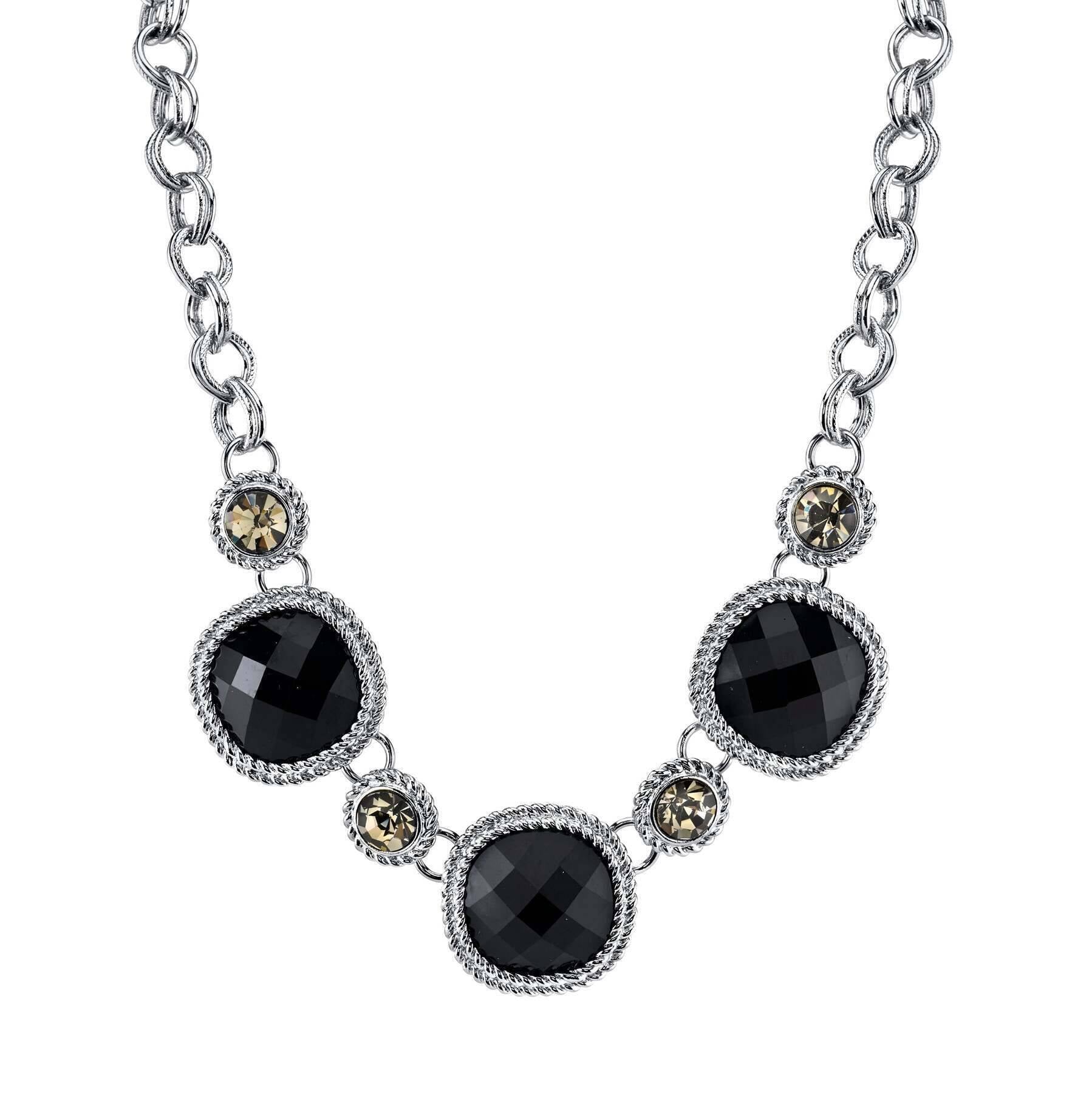2028 Jewelry Black Faceted Stone & Black Diamond Crystal Necklace 16" + 3" Extender