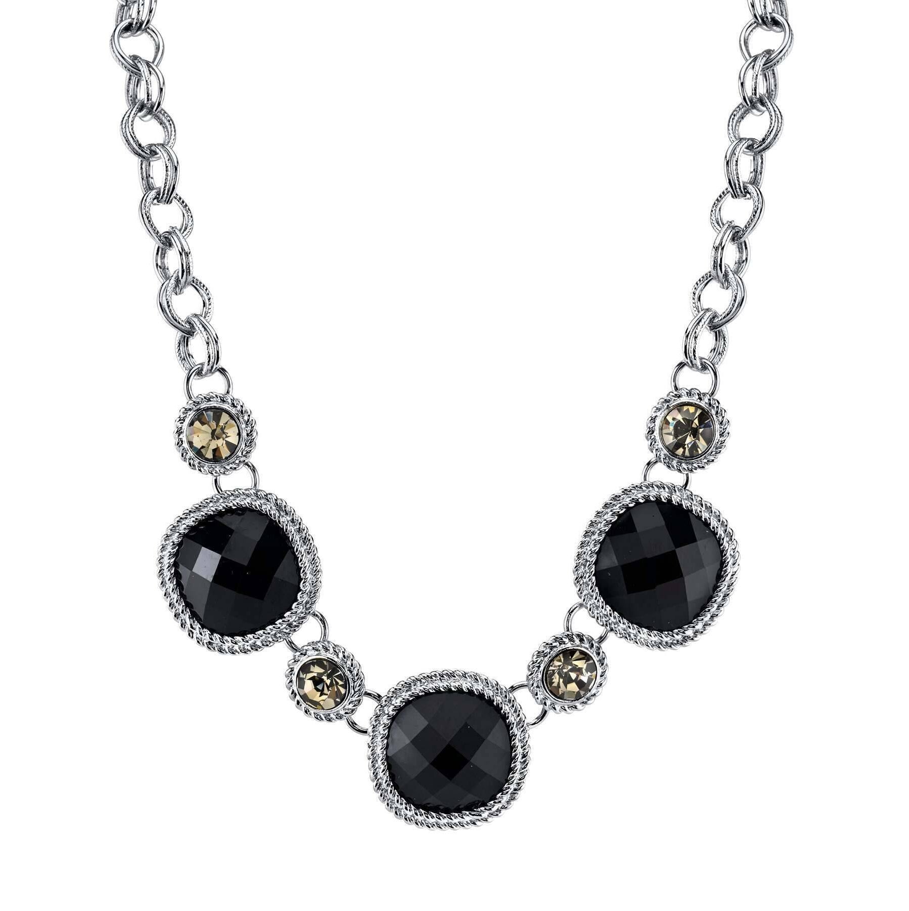 2028 Jewelry Black Faceted Stone & Black Diamond Crystal Necklace 16" + 3" Extender