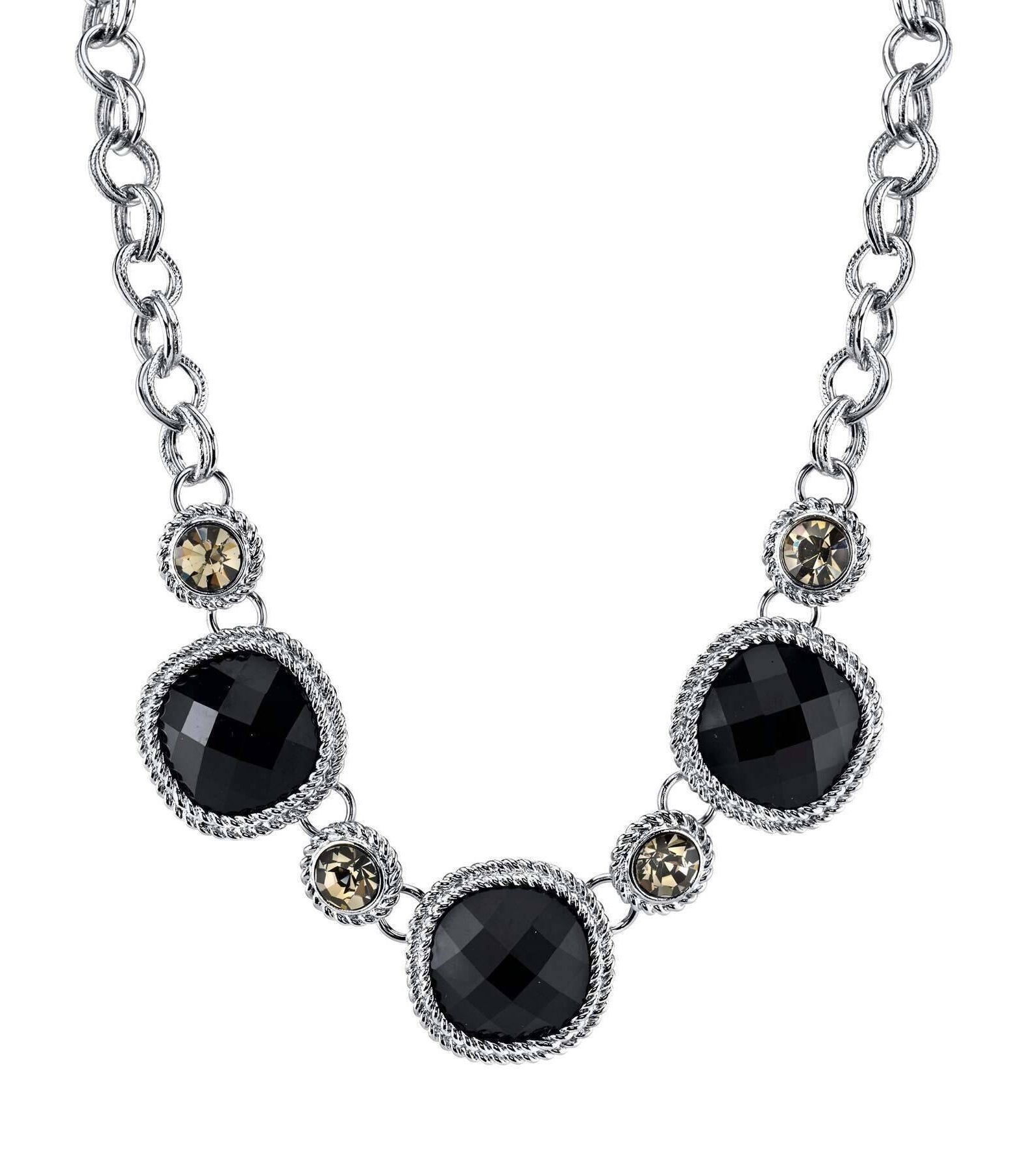2028 Jewelry Black Faceted Stone & Black Diamond Crystal Necklace 16" + 3" Extender