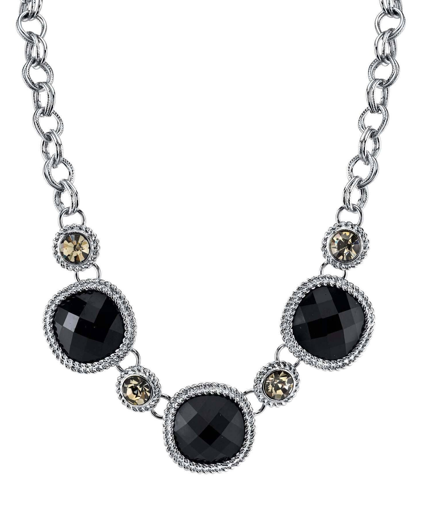 2028 Jewelry Black Faceted Stone & Black Diamond Crystal Necklace 16" + 3" Extender