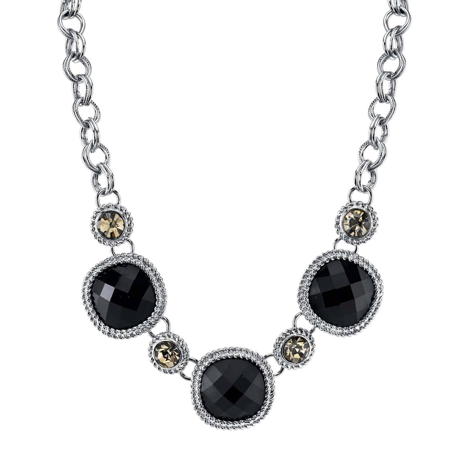 2028 Jewelry Black Faceted Stone & Black Diamond Crystal Necklace 16" + 3" Extender
