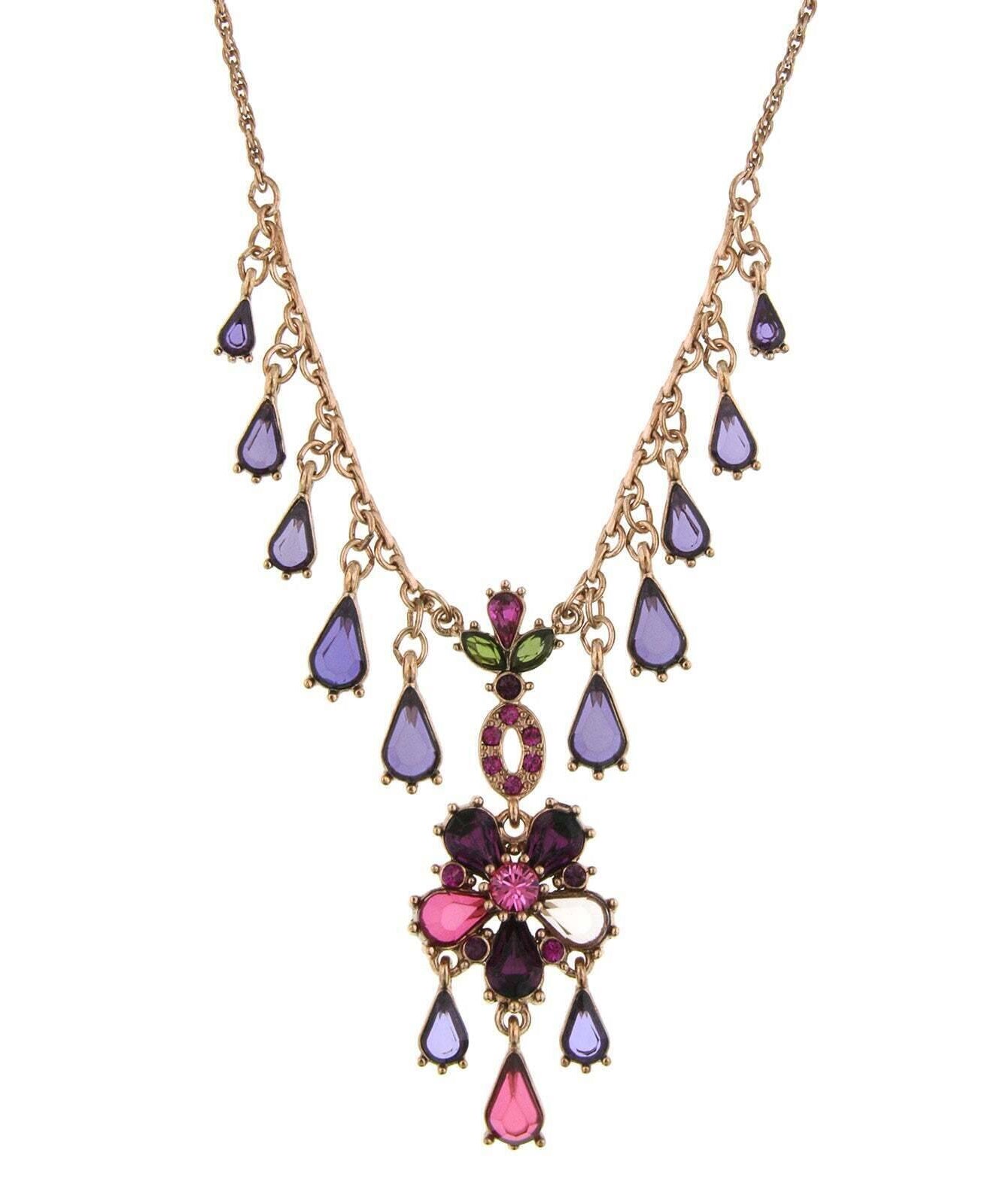 Antiquities Couture Rose Purple Pink And Green Multidrop Pendant Necklace 16" + 3" Extender