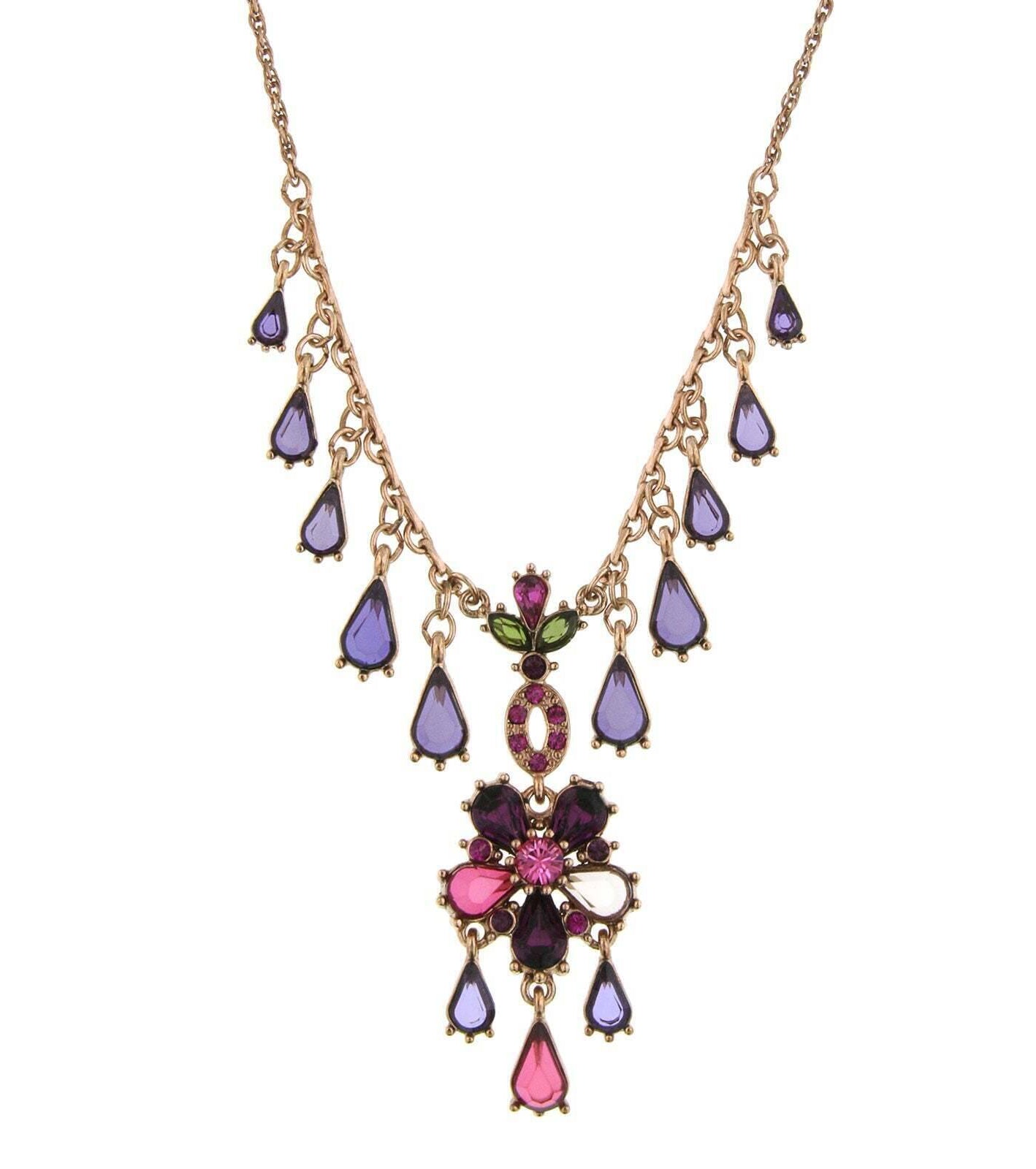 Antiquities Couture Rose Purple Pink And Green Multidrop Pendant Necklace 16" + 3" Extender