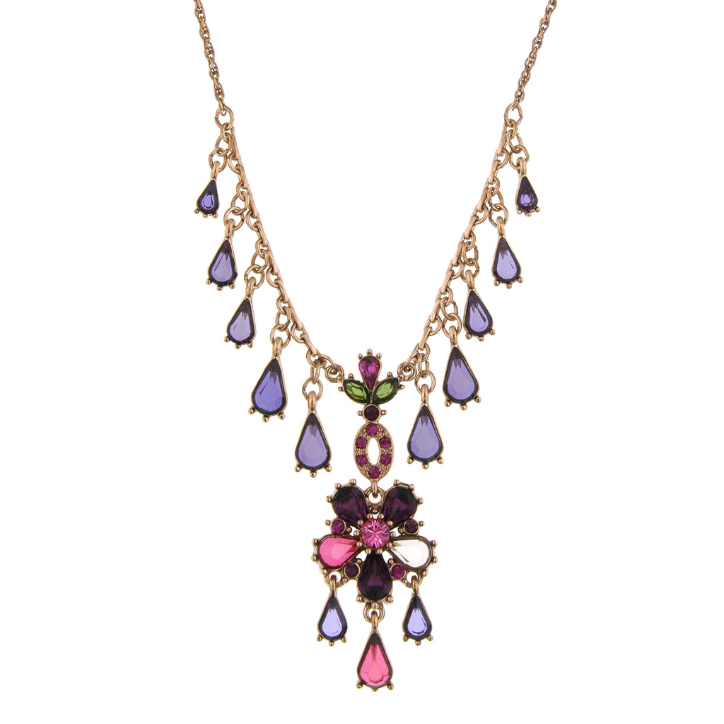 Rose Gold Tone Purple Pink And Green Multidrop Pendant Necklace 16   19 Inch Adjustable