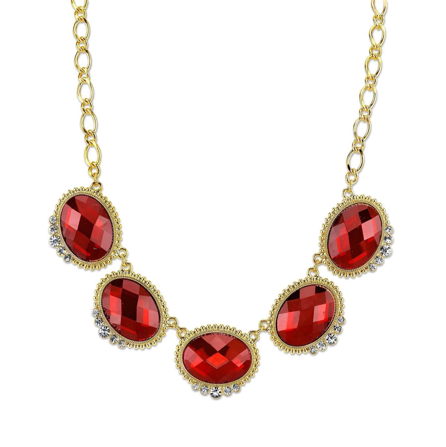 2028 Jewelry Red With Crystal Accent Oval Faceted Station Collar Necklace 16" + 3" Extender