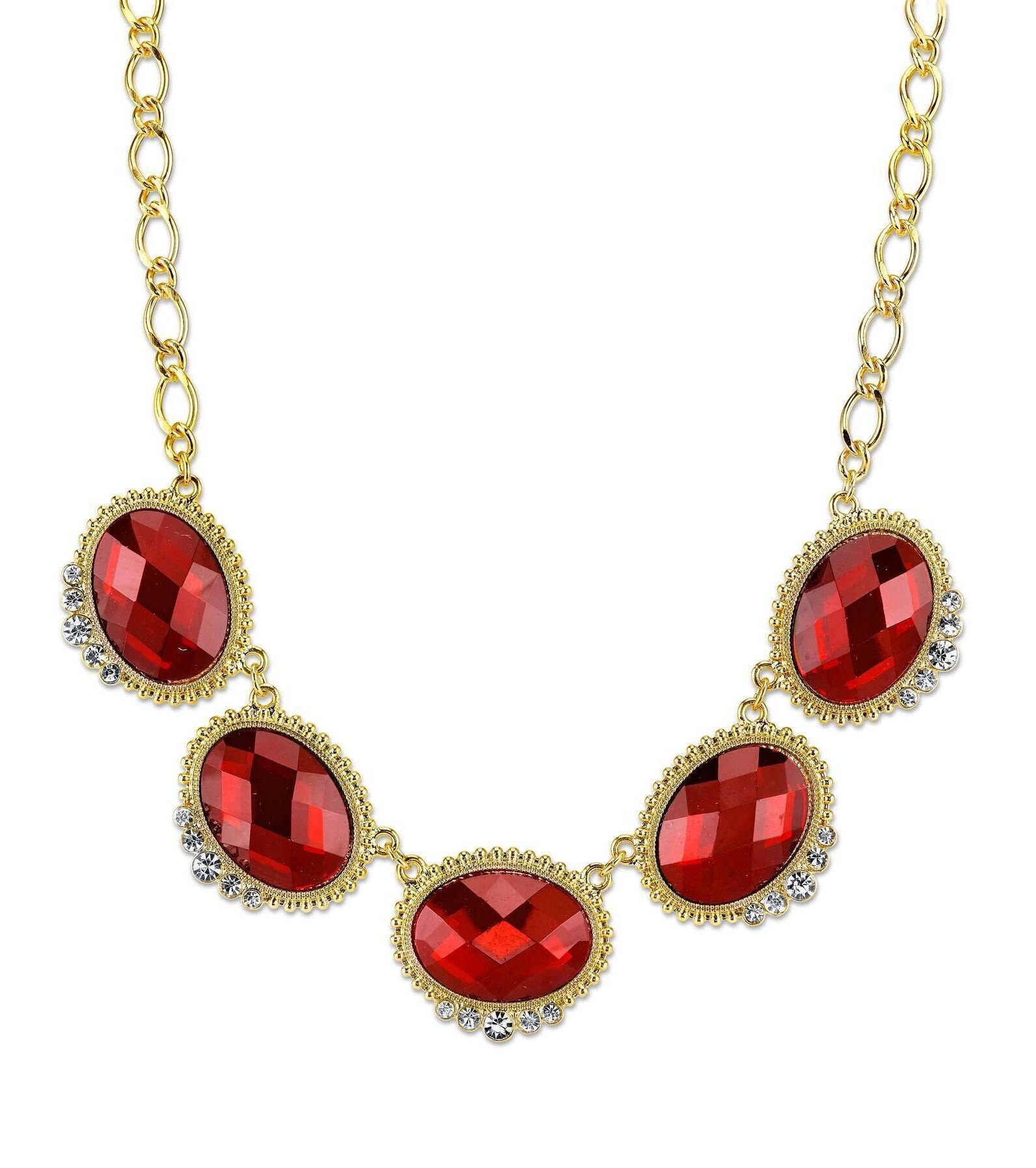 2028 Jewelry Red With Crystal Accent Oval Faceted Station Collar Necklace 16" + 3" Extender
