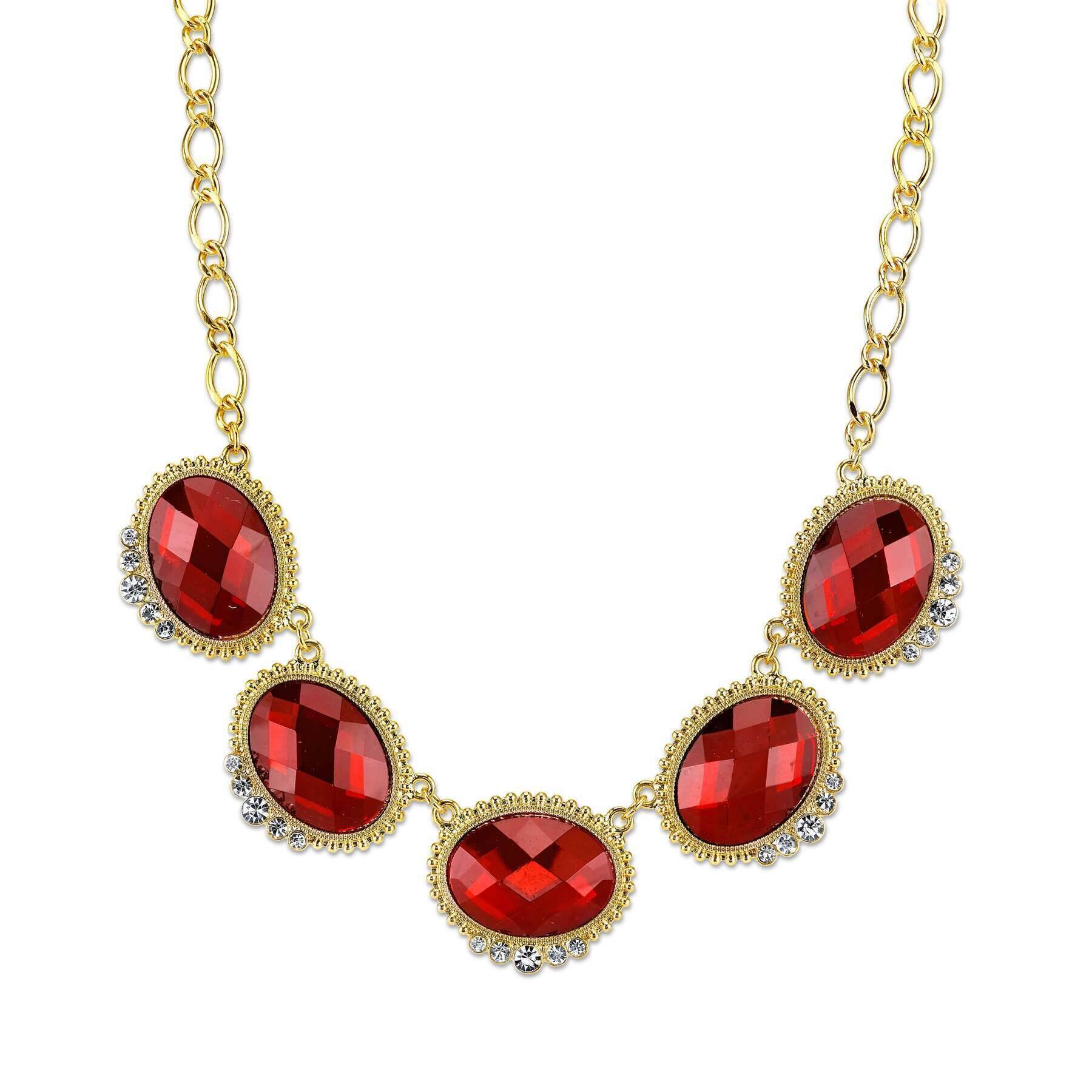 2028 Jewelry Red With Crystal Accent Oval Faceted Station Collar Necklace 16" + 3" Extender