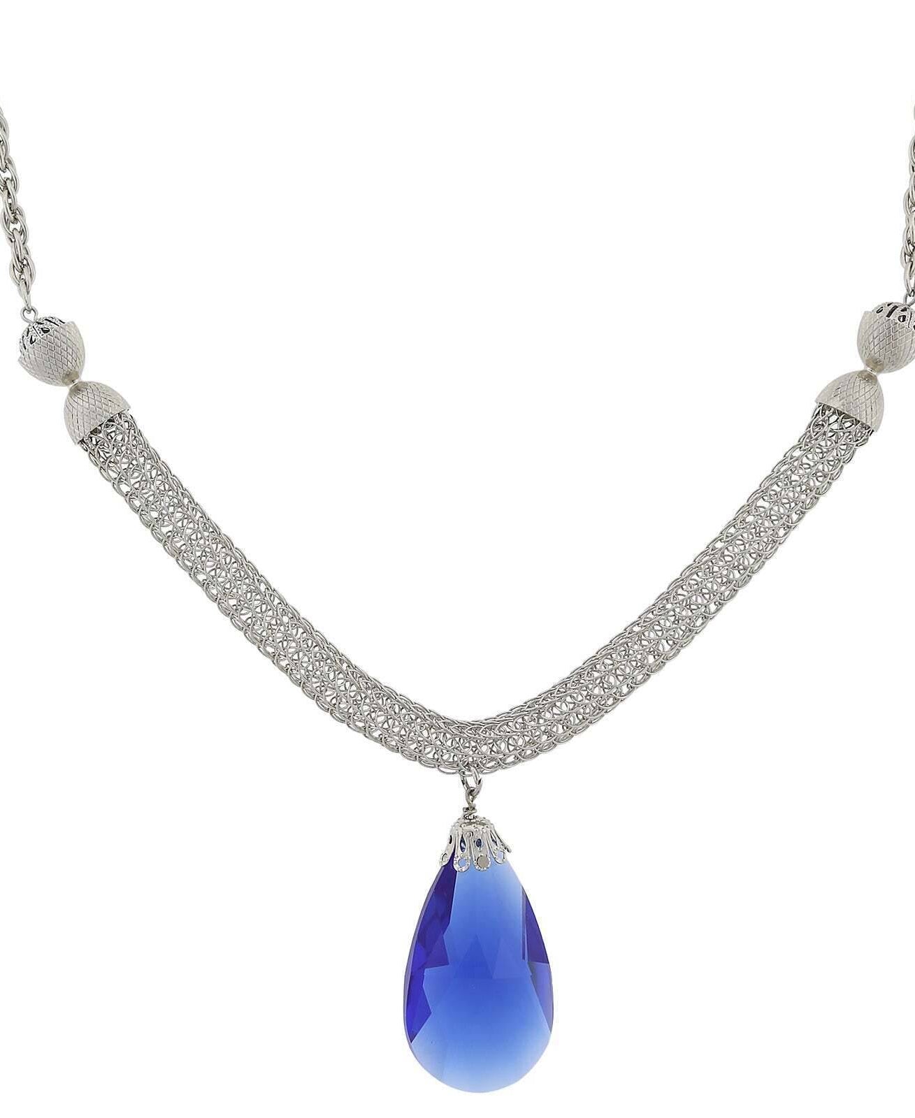 1928 Jewelry Mesh Chain And Large Blue Teardrop Pendant Necklace 18"