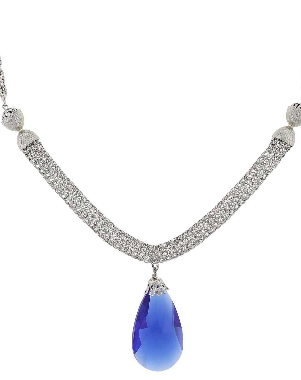 1928 Jewelry Mesh Chain And Large Blue Teardrop Pendant Necklace 18"