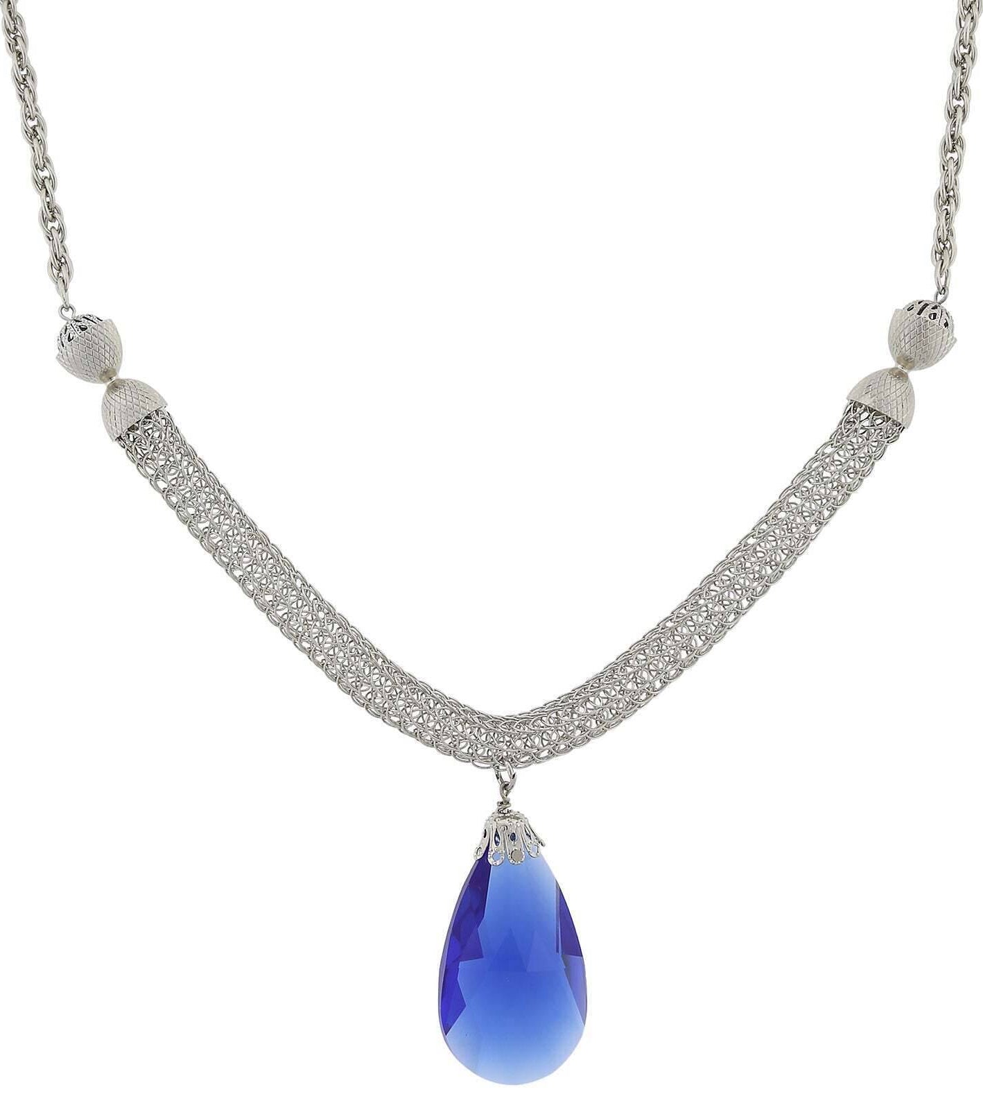 1928 Jewelry Mesh Chain And Large Blue Teardrop Pendant Necklace 18"